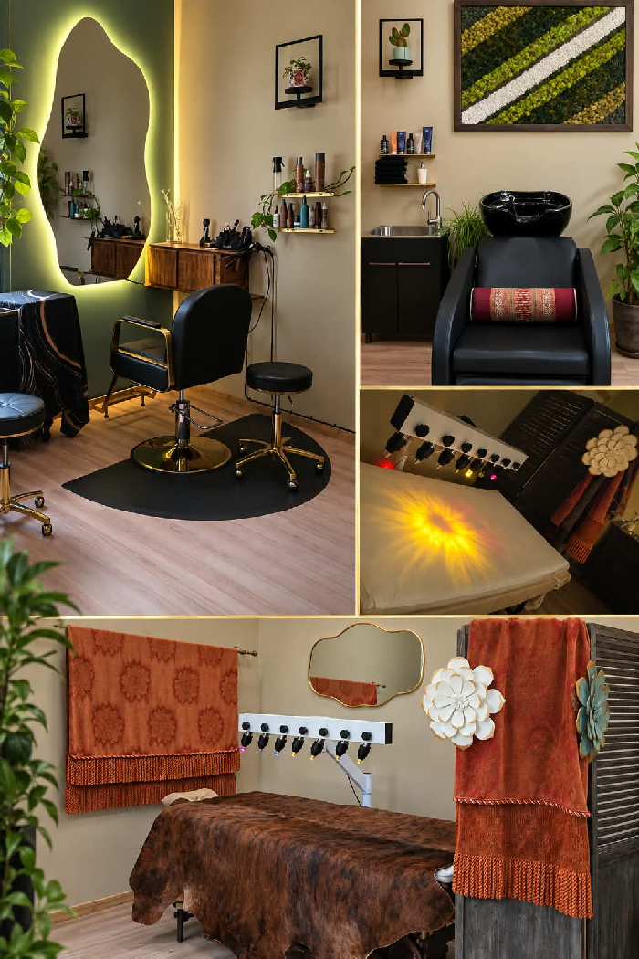 Collage of a stylish salon with a hair styling station, shampoo chair, massage table, and spa treatment room.