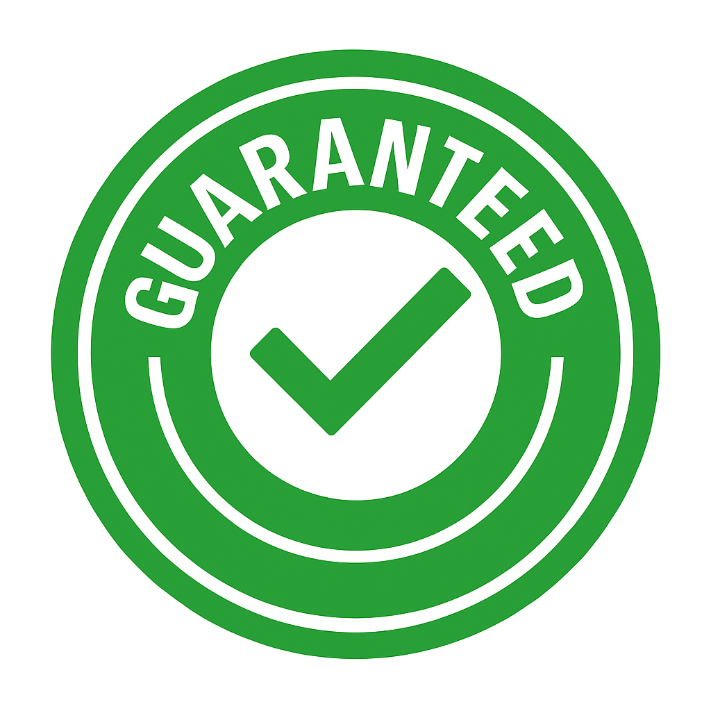 Green guarantee badge with a checkmark inside, and the word 'GUARANTEED' written around the top