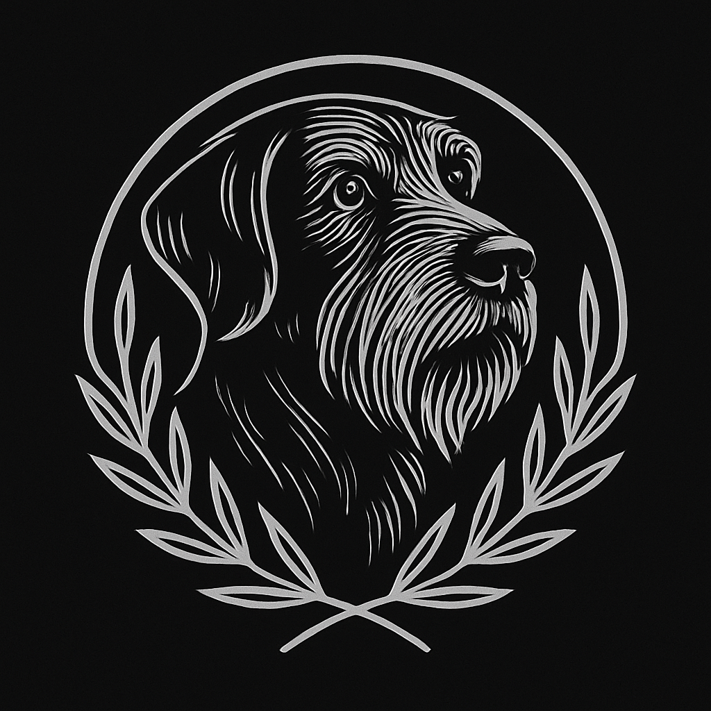Illustration of a dog's head, possibly a retriever, surrounded by a laurel wreath on a black background.