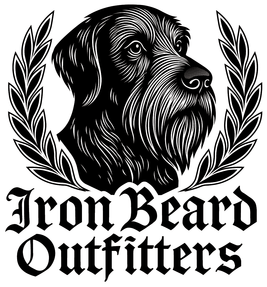Black and white illustration of a dog's head surrounded by laurel leaves with the text "Lonebeard Outfitters" below.