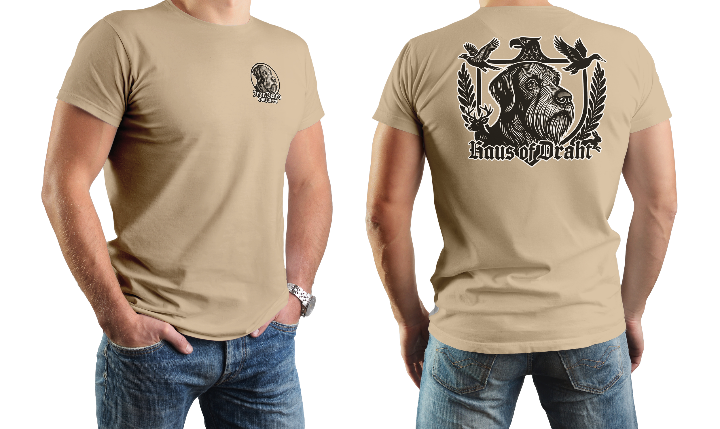 A man is wearing a beige t-shirt with a small logo on the front left chest that has a dog's head and the text 'Iron Beard Outfitter'. The back of the t-shirt has a large black and white graphic of a dog's head, flanked by two birds, with decorative elements and the text 'Haus of Drah' in a gothic font.