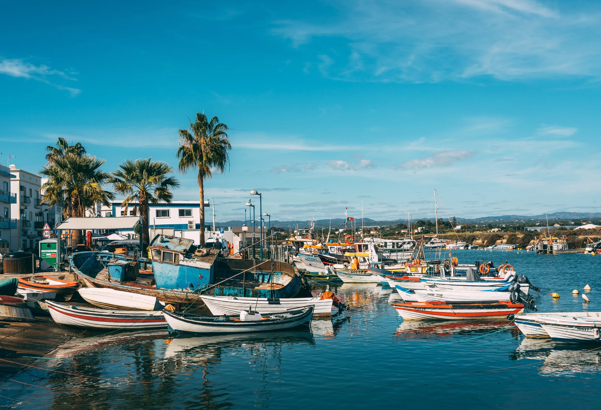 A marina with small boats docked on calm water, palm trees, buildings, and a bright blue sky with a few clouds.