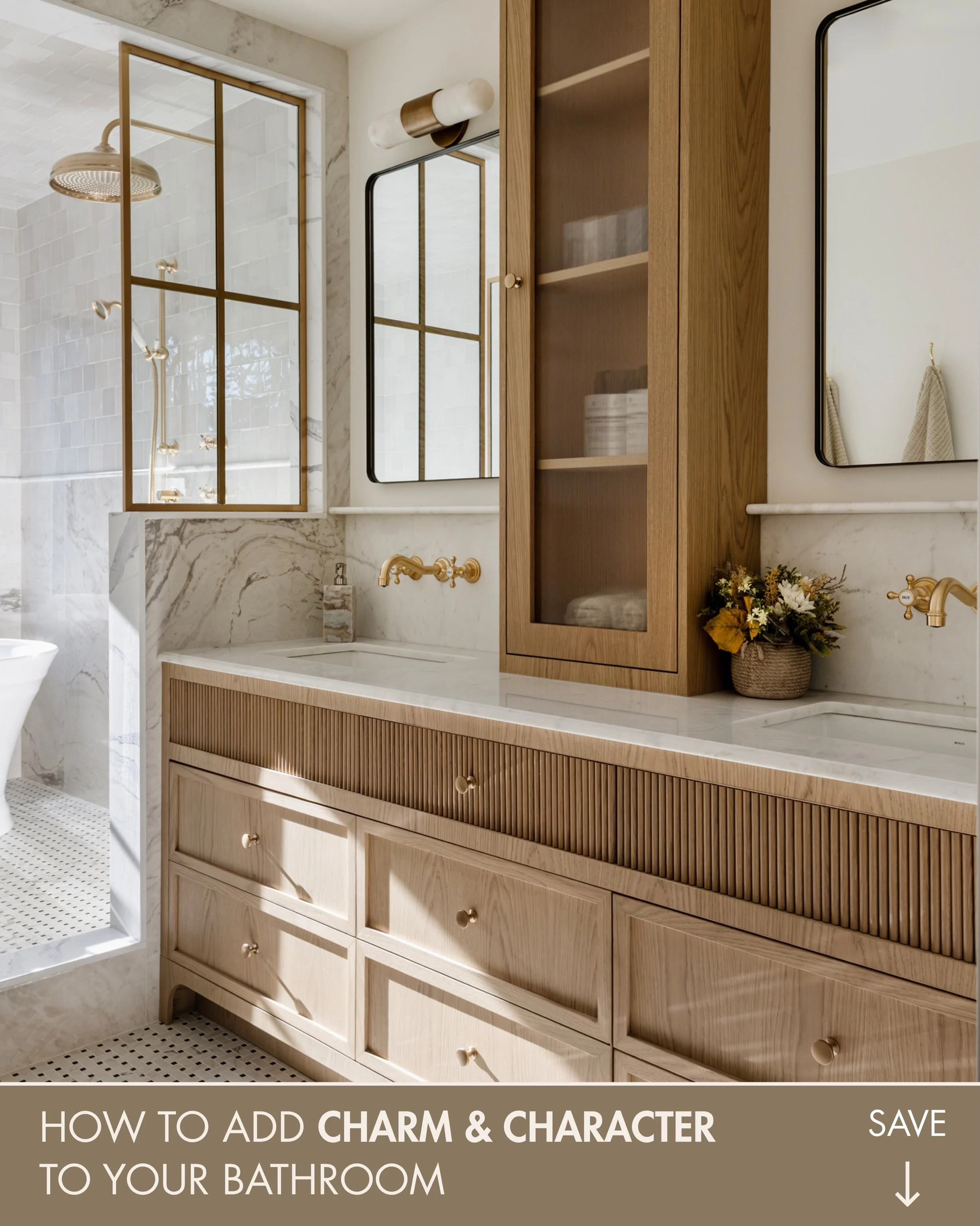 Our clients wanted this bathroom to feel really charming, warm, and cozy - but still modern and elevated.

We added interior windows to divide the shower and tub space, which brings so much charm and visual interest and makes the whole space feel mor