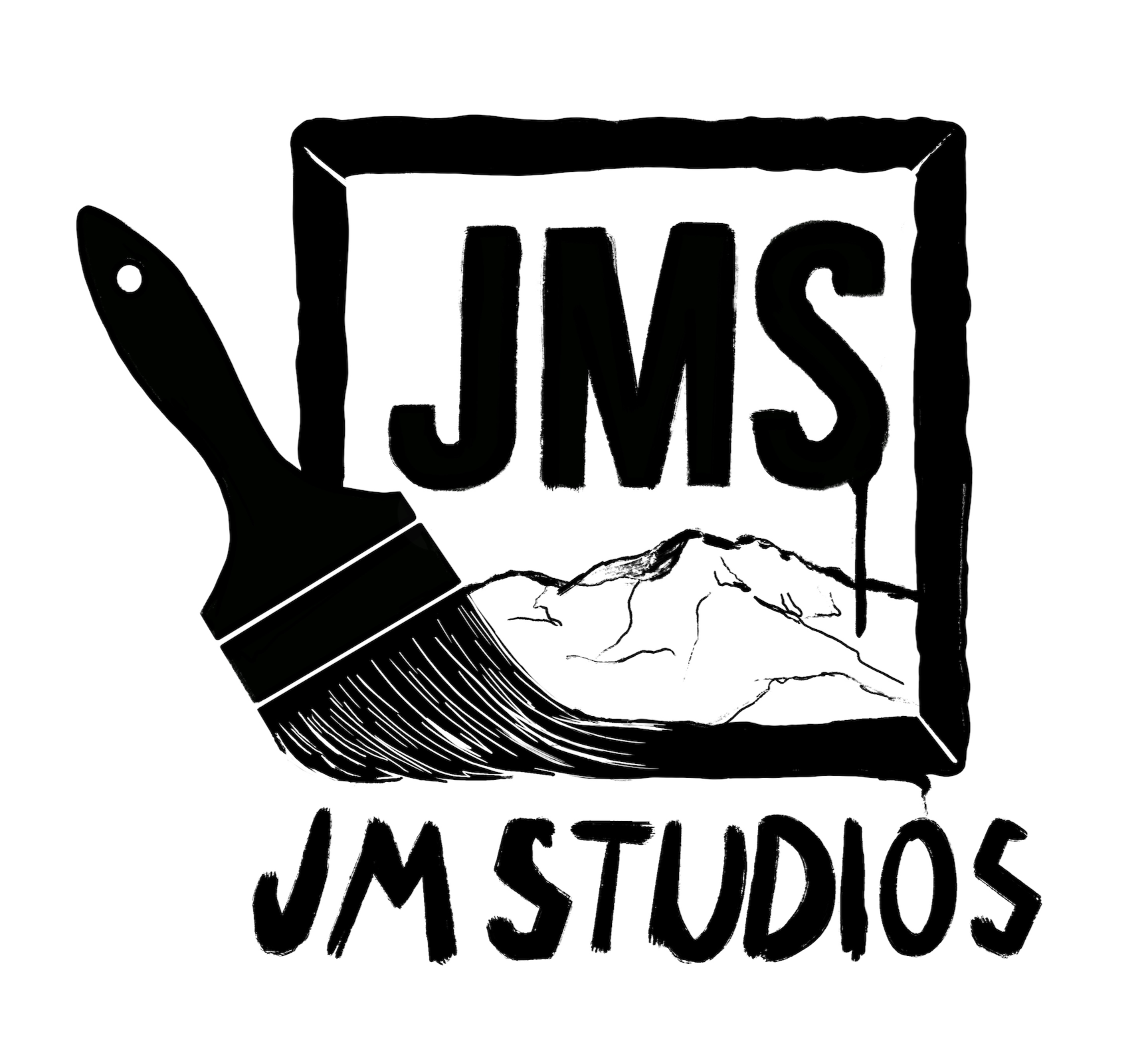 A black and white logo for JMS Studios featuring a paintbrush, a mountain range, and the text 'JMS' inside a square, with 'JMS Studios' written below.