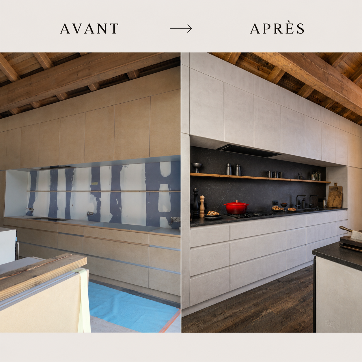 Avant après d’une cuisine de chalet à Saint-Martin-de-Belleville avec enduits décoratifs et finitions réalisés par Maison PARIÈS.