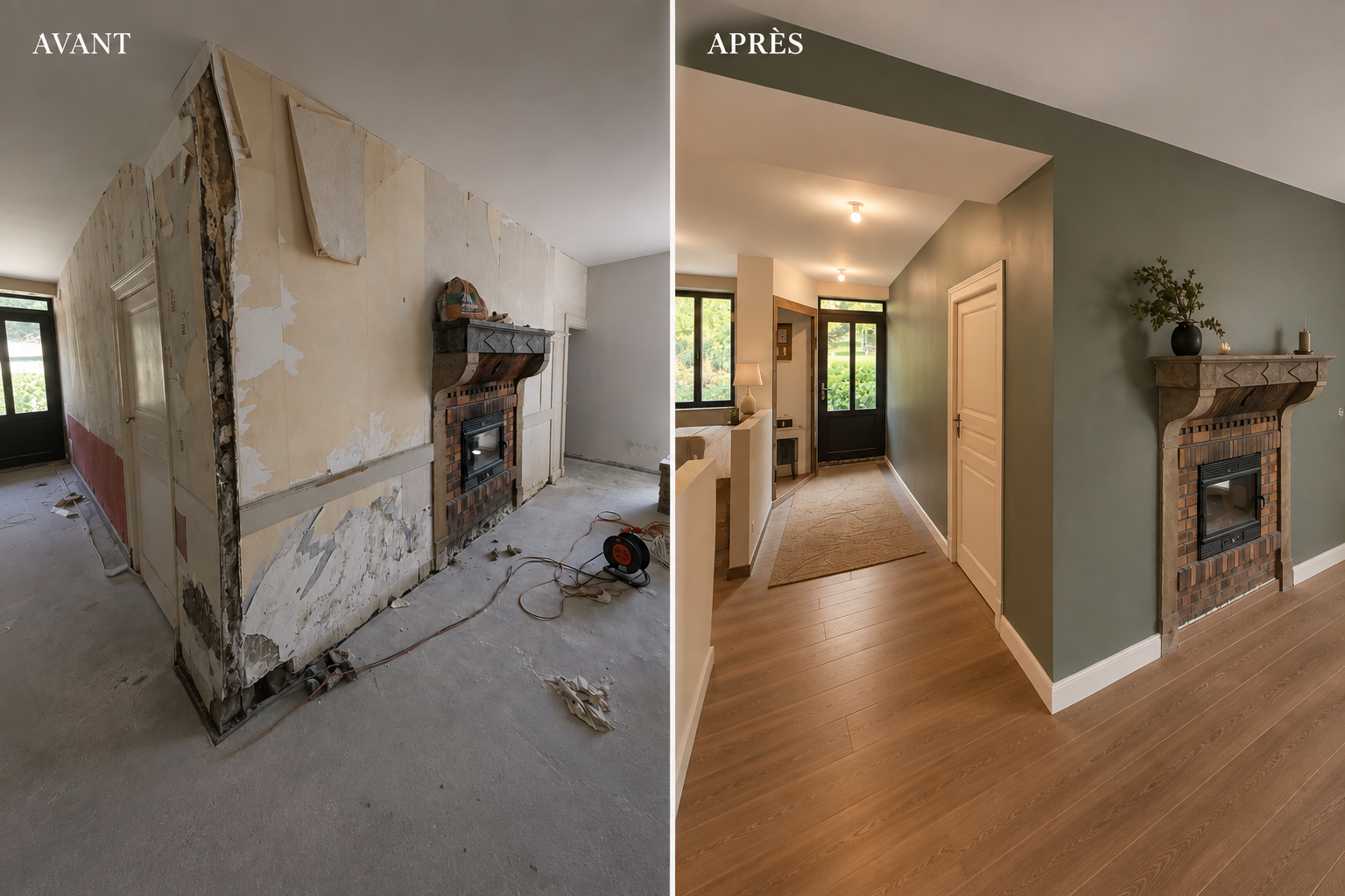 Avant après d’une rénovation intérieure en Savoie : rénovation des murs, peinture et finitions réalisées par Maison PARIÈS.