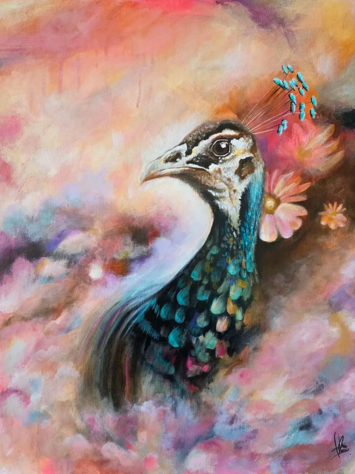 Tableau contemporain représentant un paon, peint à l’acrylique et techniques mixtes – Maison PARIÈS, Savoie