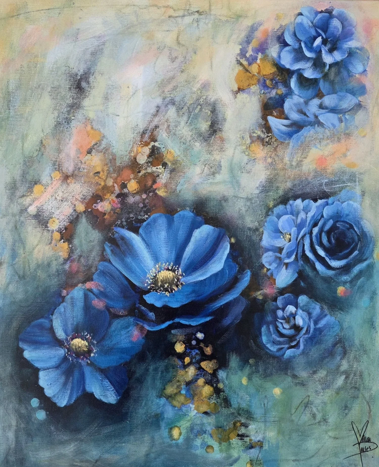 Tableau floral contemporain bleu, acrylique et techniques mixtes sur toile – Maison PARIÈS, Savoie.
