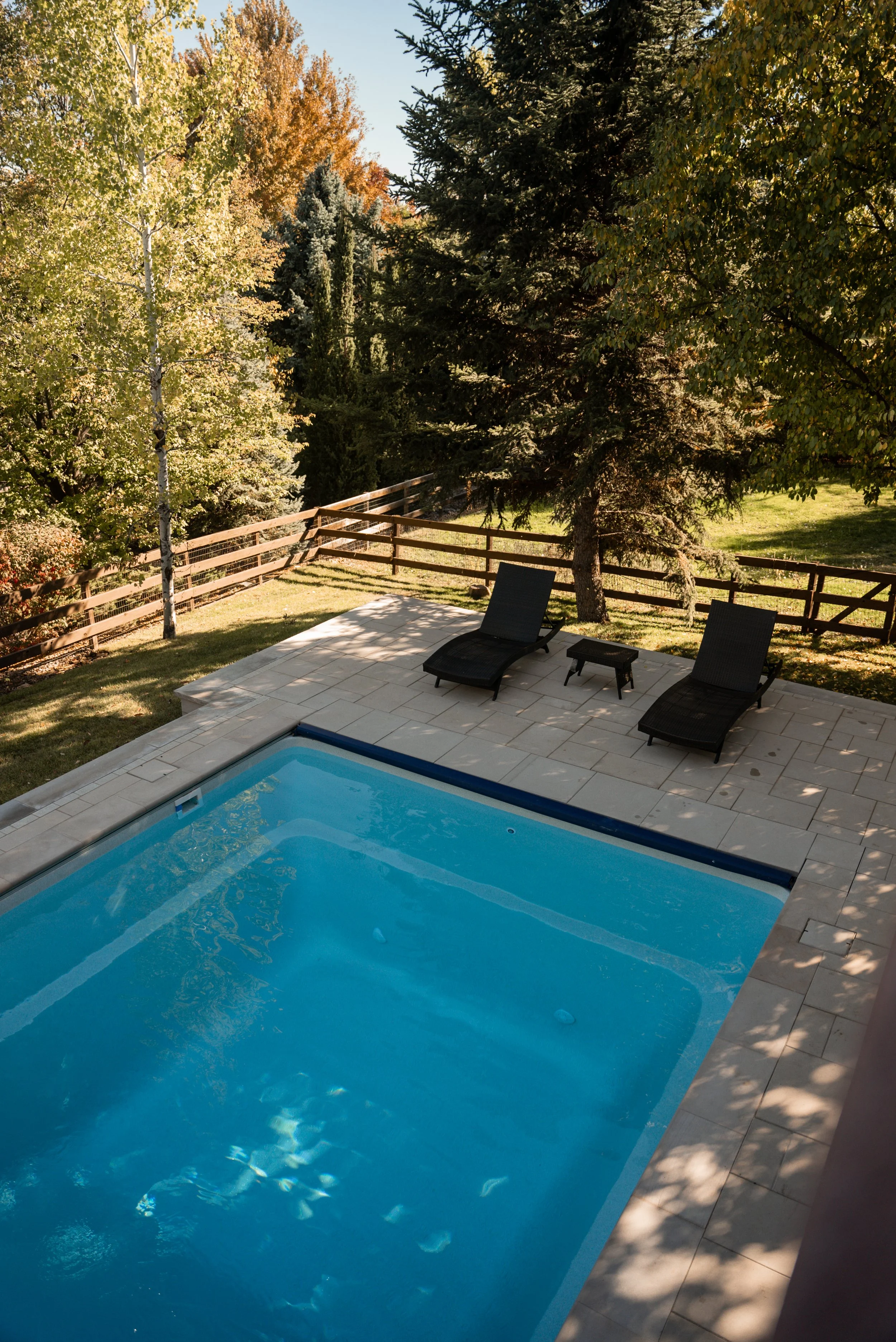 Fiberglass pool in backyard with lounge chairs