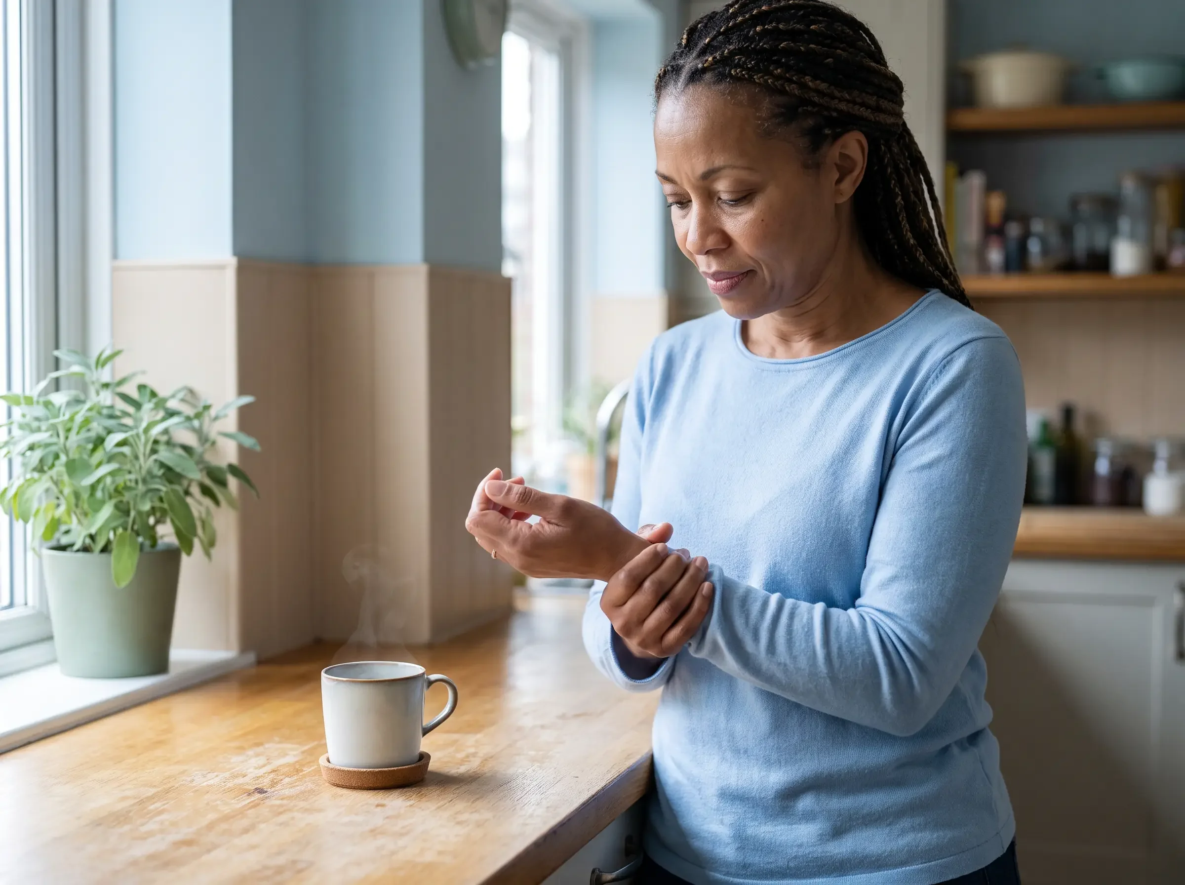 Midlife woman easing morning hand stiffness, a common perimenopause joint pain symptom