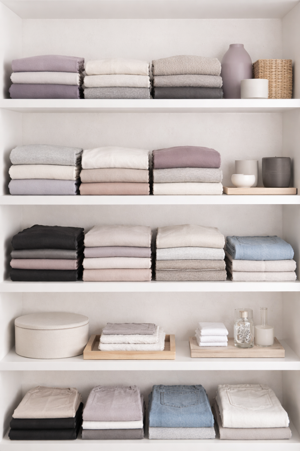 Organized shelf with folded towels in neutral colors, vases, candles, and wicker baskets in a minimalist setting.