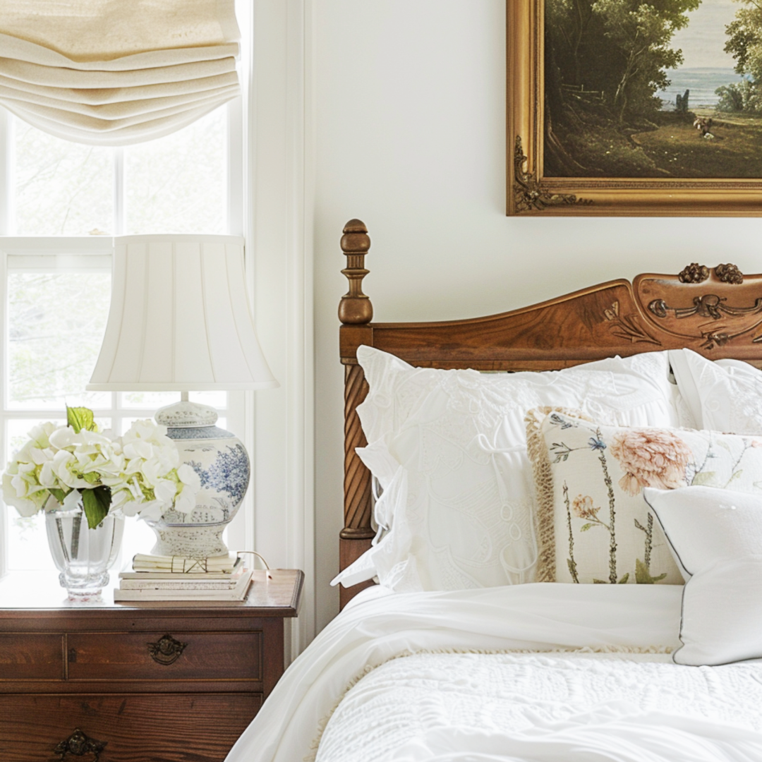 A bedroom scene with a wooden bed, floral pillows, white bedding, a nightstand with a lamp, a vase of white flowers, and a window with a white curtain, with a landscape painting on the wall.