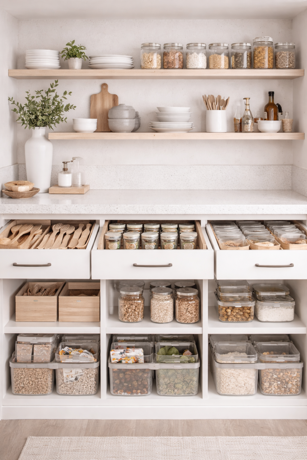 A pantry with open shelves and drawers filled with jars of dry goods, spices, and grains, along with plates, bowls, utensils, and decorative items.