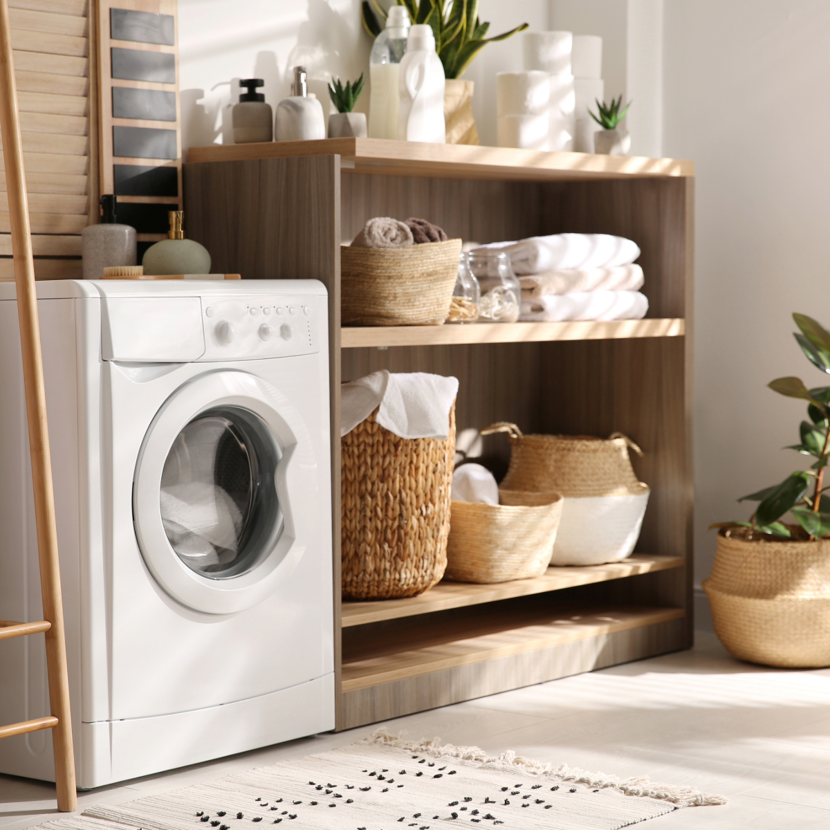 A laundry room with a front-loading washing machine, wooden shelves holding folded towels, jars, plants, and decorative baskets, with sunlight streaming in.