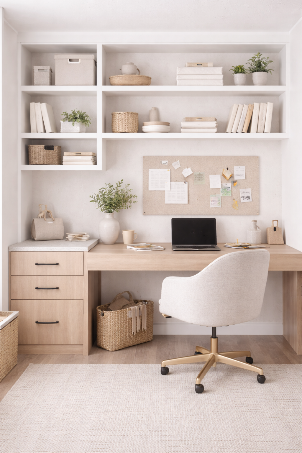 A tidy home office with a built-in desk and floating shelves. The desk has a laptop, a beige mug, and stacks of paper. White cabinets with woven baskets and decorative items are on the shelves. A cork board with notes hangs above the desk, and a beige chair with wheels is in front. There’s a large ceramic vase with greenery, a purse, and a woven basket on the floor.