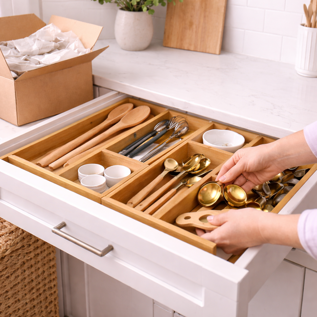 A drawer with wooden and gold-colored spoons, small white bowls, and wooden cooking utensils, with a cardboard box and a potted plant in the background.