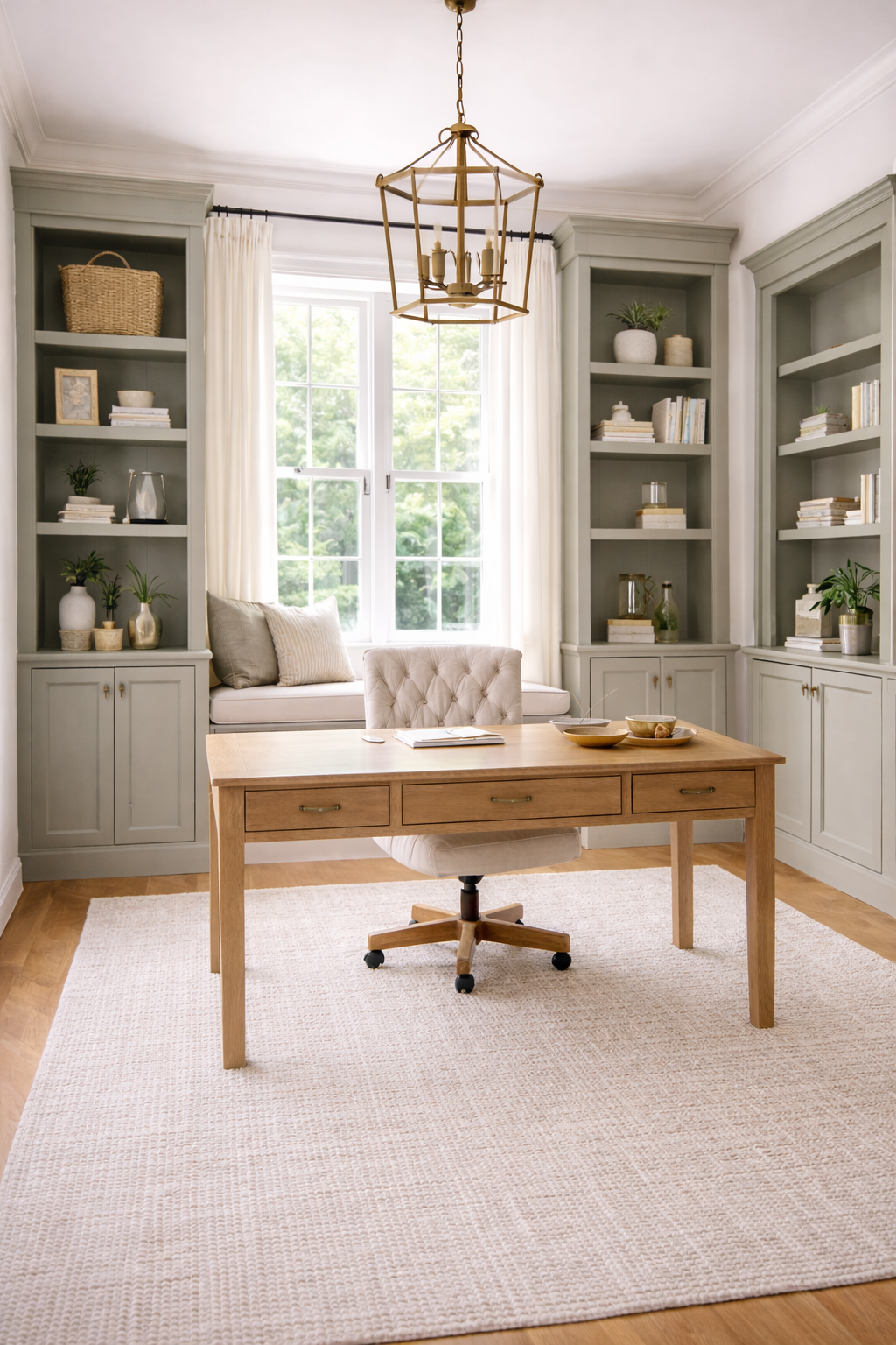 A home office with a wooden desk, beige tufted office chair, and built-in bookshelves filled with books, decorative objects, and plants. There is a window with white curtains and a window seat with pillows, and a geometric chandelier hangs from the ceiling.