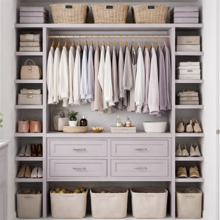 Closet with pastel purple shelves, hanging clothing, shelves of shoes, and storage baskets.
