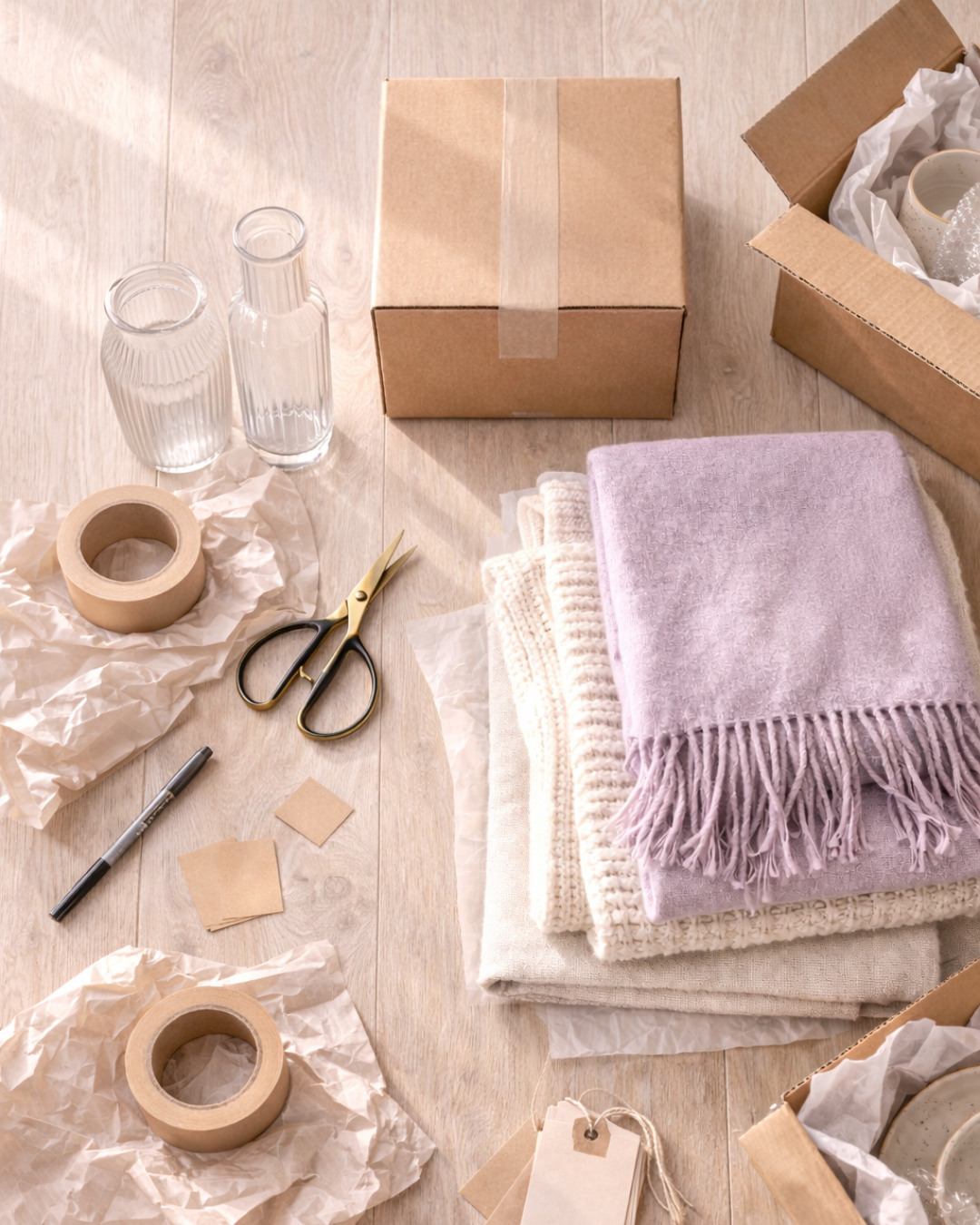 Arranged home decor and gift wrapping items on a wooden floor, including glass vases, cardboard boxes, folded towels, scissors, tape, a marker, and tags.