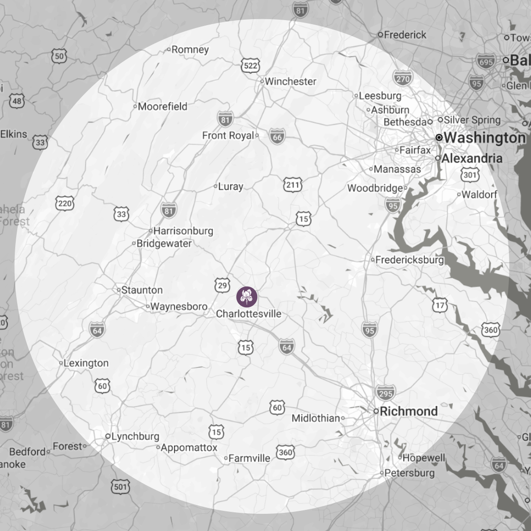Map centered on Charlottesville, Virginia, showing surrounding cities and highways with a purple icon near Charlottesville.