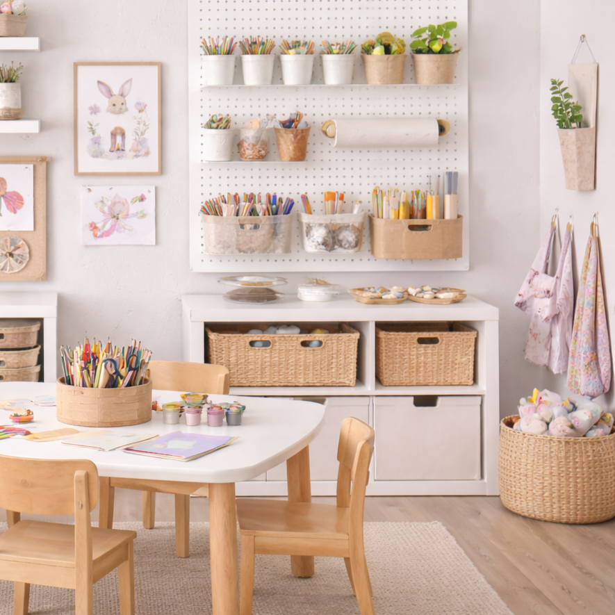 A cozy craft room with art supplies organized on a pegboard and shelves, a white table with chairs, and baskets filled with art materials.
