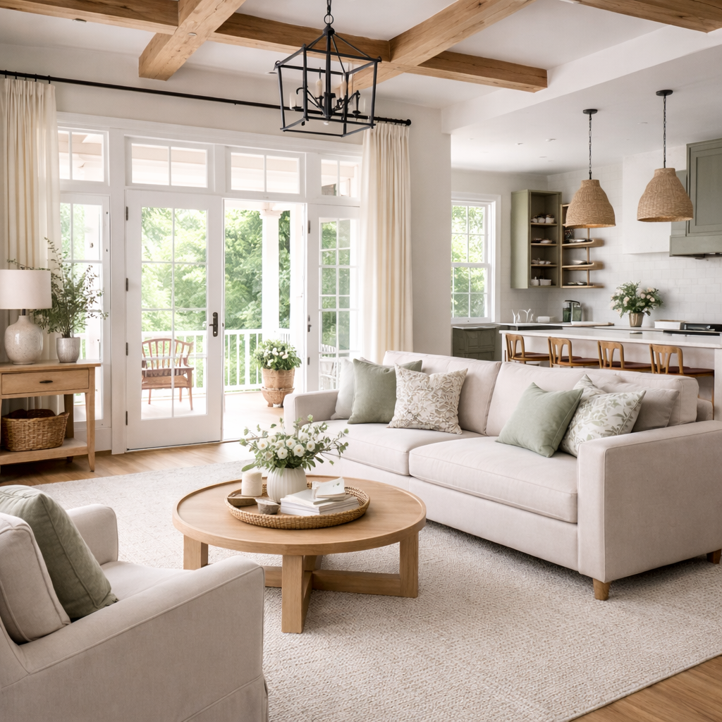 Bright living room with beige sofa and armchair, wooden coffee table, large windows with cream curtains, and a view of a deck outside. Open kitchen with green cabinets, wooden chairs, and hanging pendant lights.