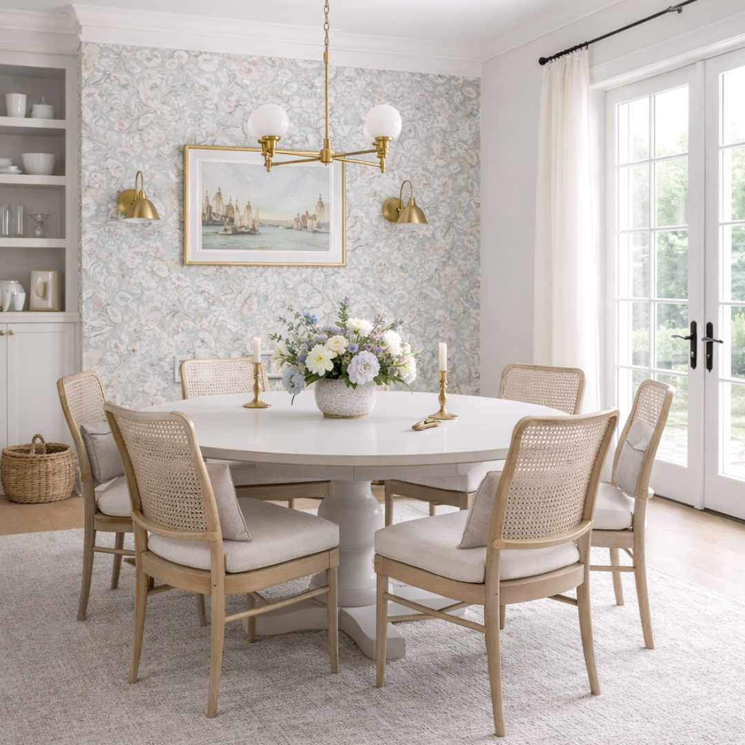 A bright and airy dining room with a round white table, six beige cushioned chairs, a floral centerpiece, gold candlesticks, a chandelier, and a wallpapered accent wall with a framed painting. Natural light streams through glass double doors.