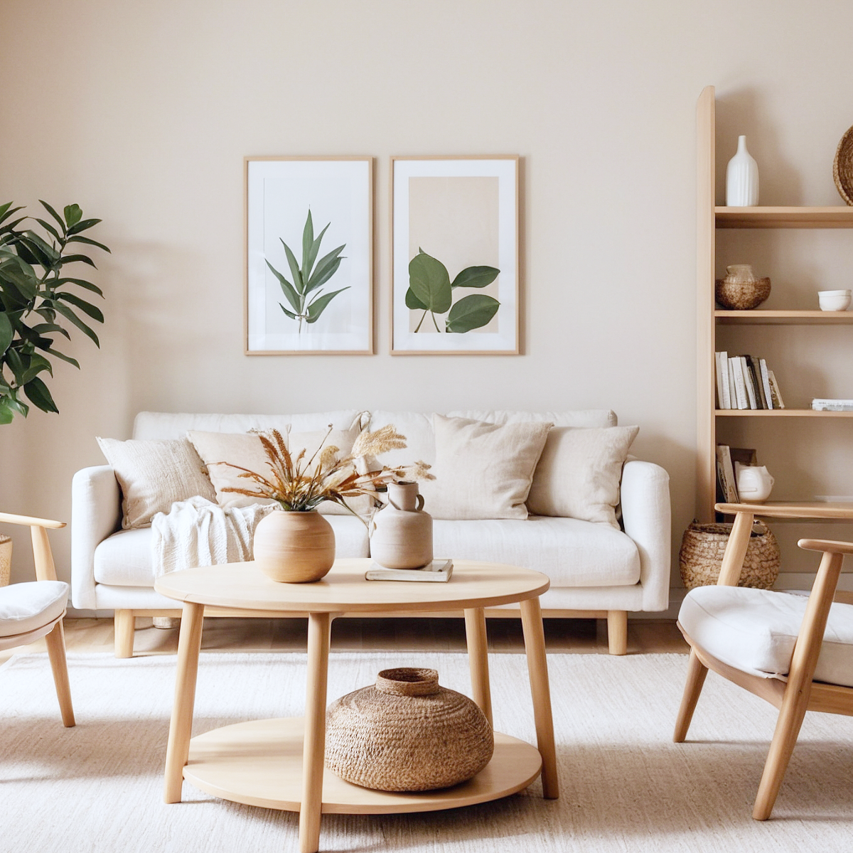 A cozy living room with a white sofa, beige pillows, and a wooden coffee table with decorative vases and dried flowers. There are two framed botanical prints on the wall, a tall green plant on the left, and a wooden bookshelf with ceramics and books on the right.