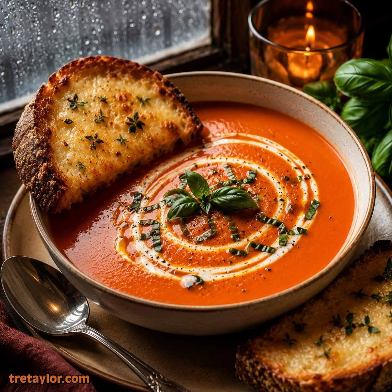 🍅 Fire-Roasted Tomato Basil Bisque with Gruyère Sourdough Toasts