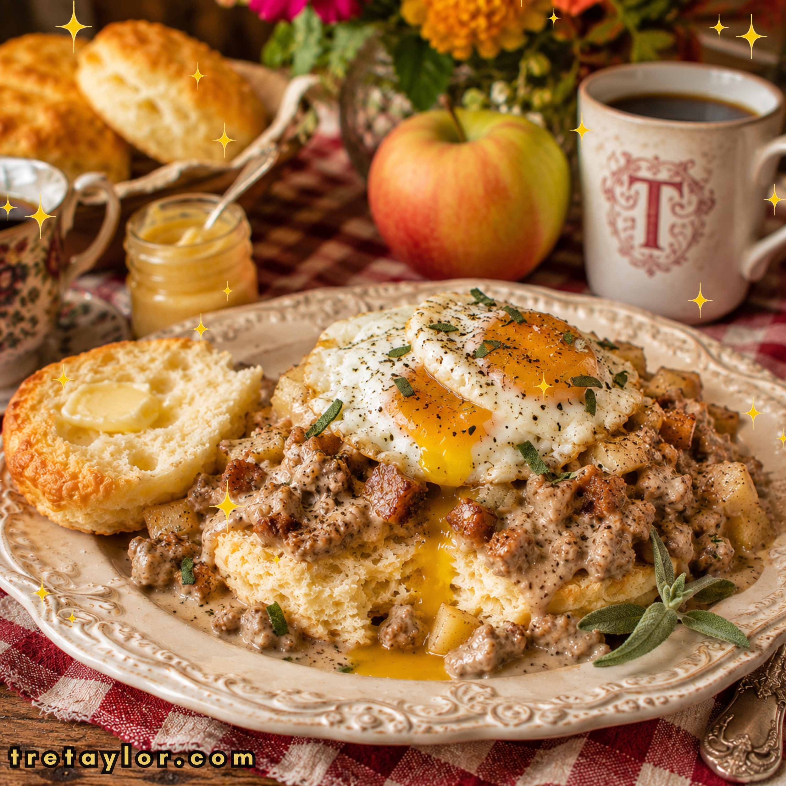 🍎 Maple Orchard Sausage Gravy with Caramelized Apples, Fresh Sage &amp; Flaky Butter Biscuits