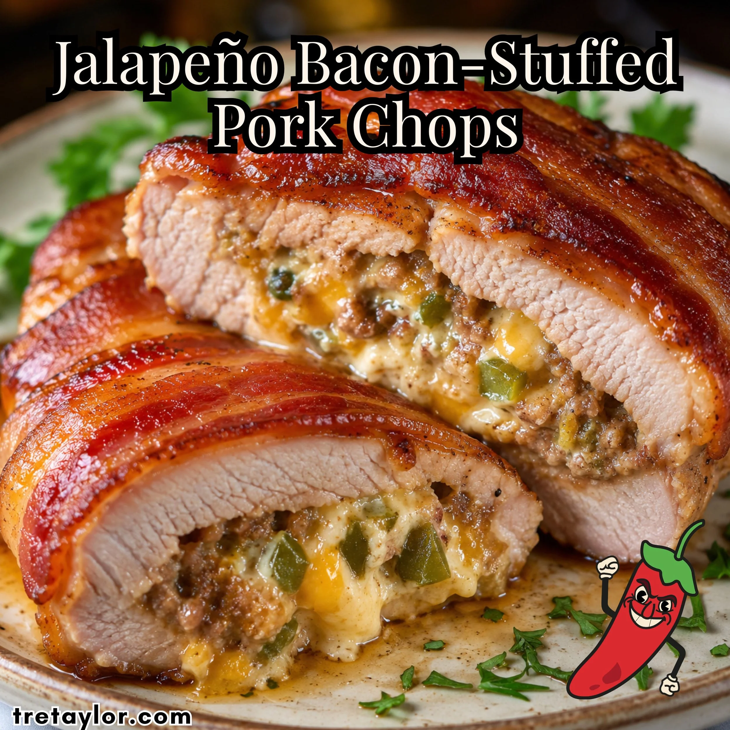 🥓 Jalapeño Bacon-Stuffed Pork Chops with cream cheese, gruyère &amp; cheddar