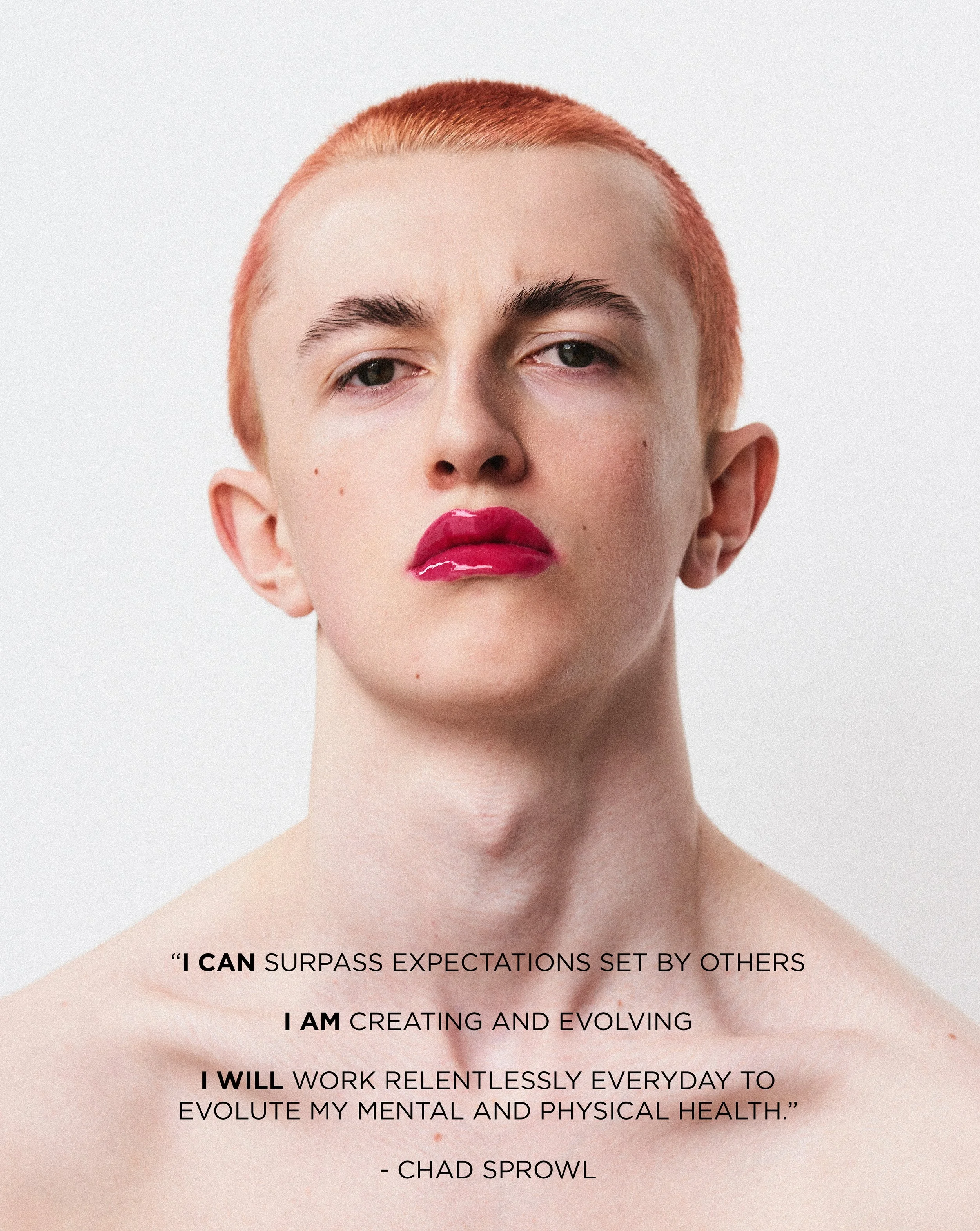 A young person with short orange hair and bold red lipstick looking at the camera. A quote by Chad Sprowl about surpassing expectations and working on mental and physical health is overlaid.