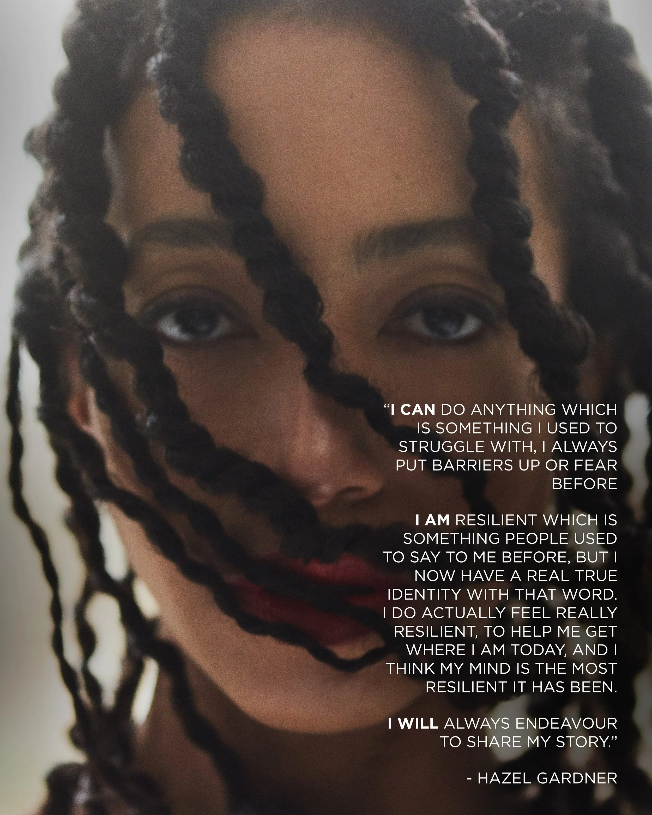 Close-up of a woman with braided hair and natural makeup, with a quote about resilience and sharing her story.