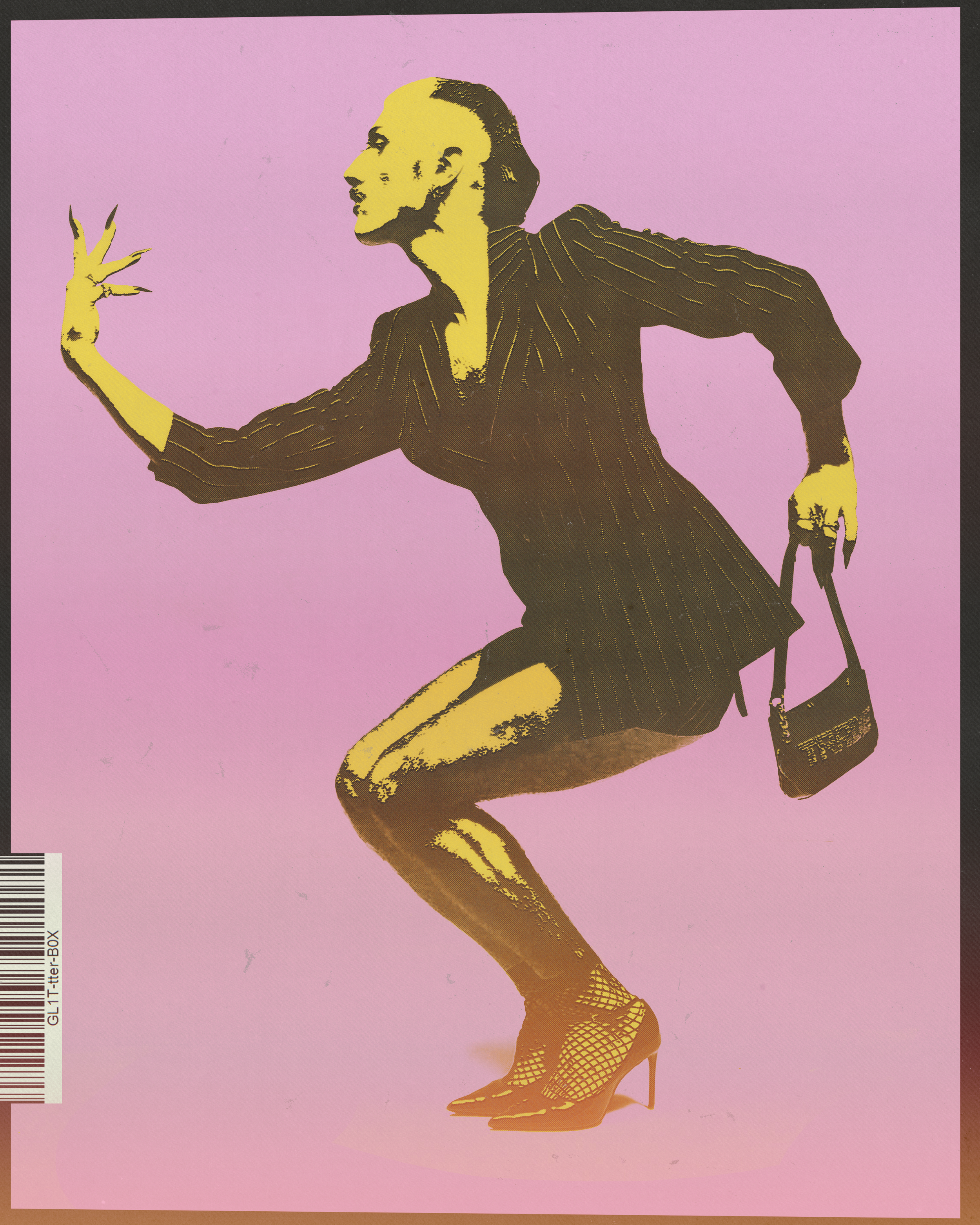 Silhouette of a woman in a pinstripe suit, squatting with one hand in a fist and the other holding a small handbag, wearing fishnet high heels, against a pink background.