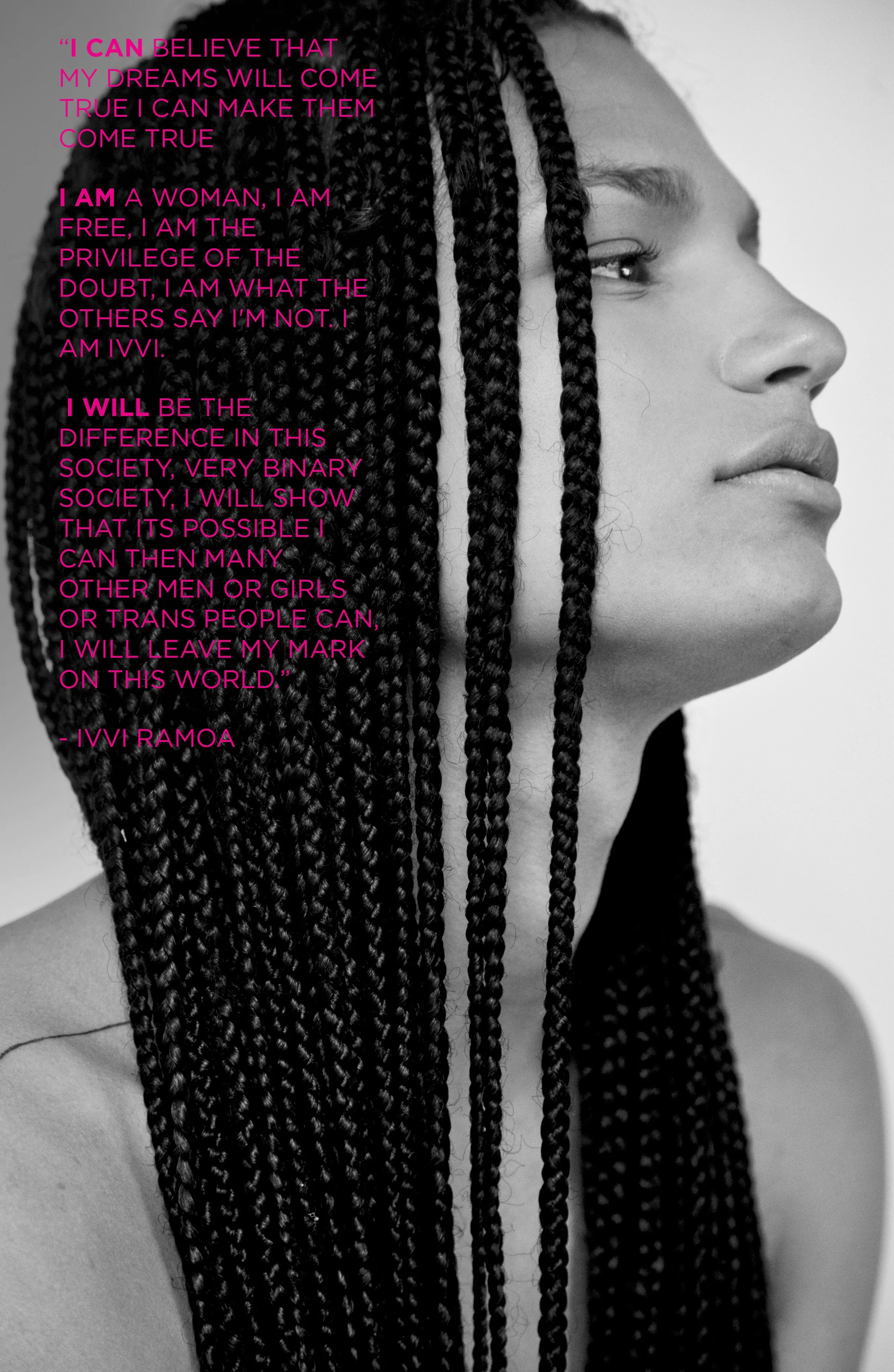 Black and white photo of a woman with long braided hair, facing right. Pink text overlay of a quote about self-empowerment and gender identity.