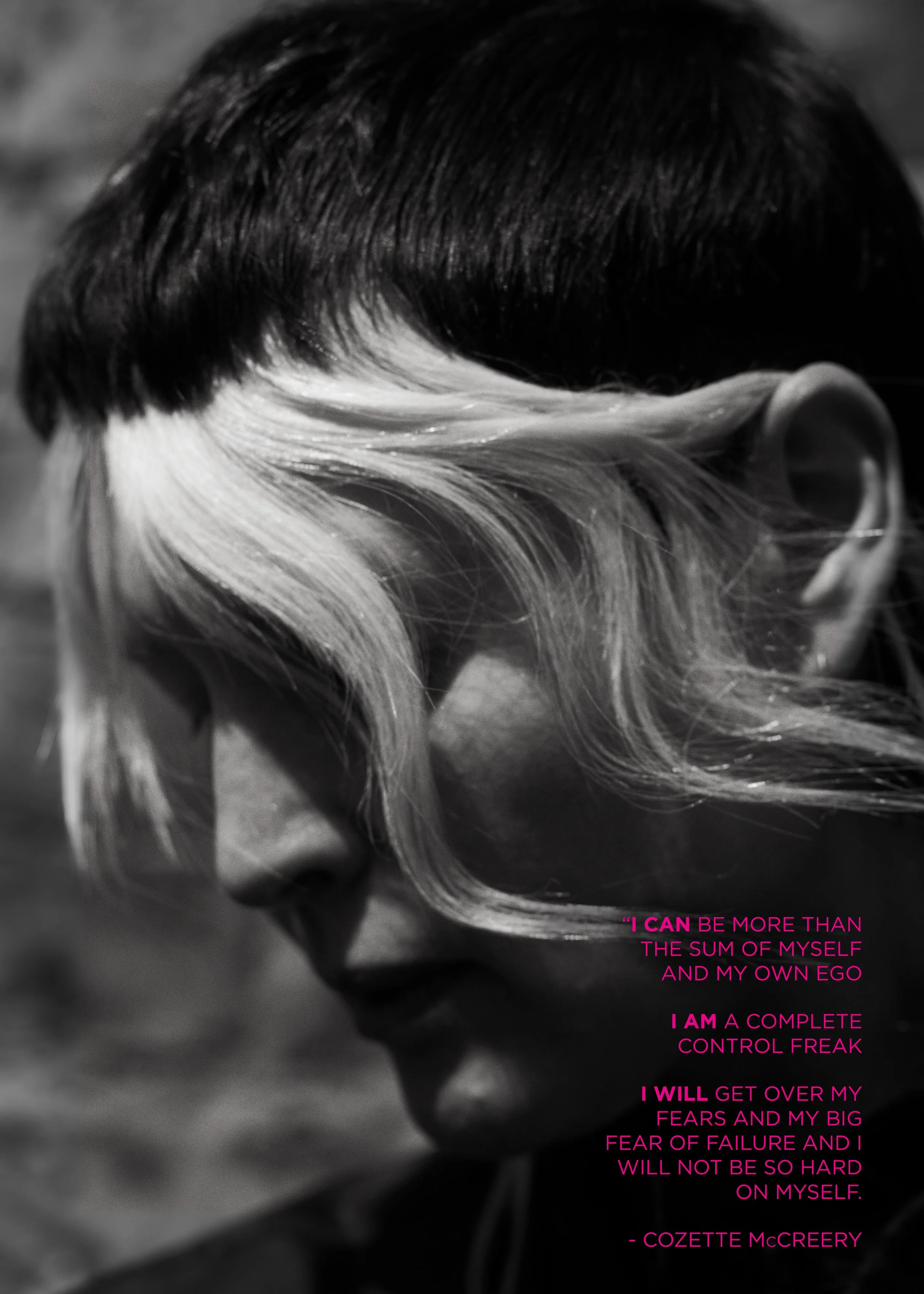 Close-up of a person's face with short black hair and a streak of light-colored hair, with an inspirational quote by Cozette McCreery in pink text.