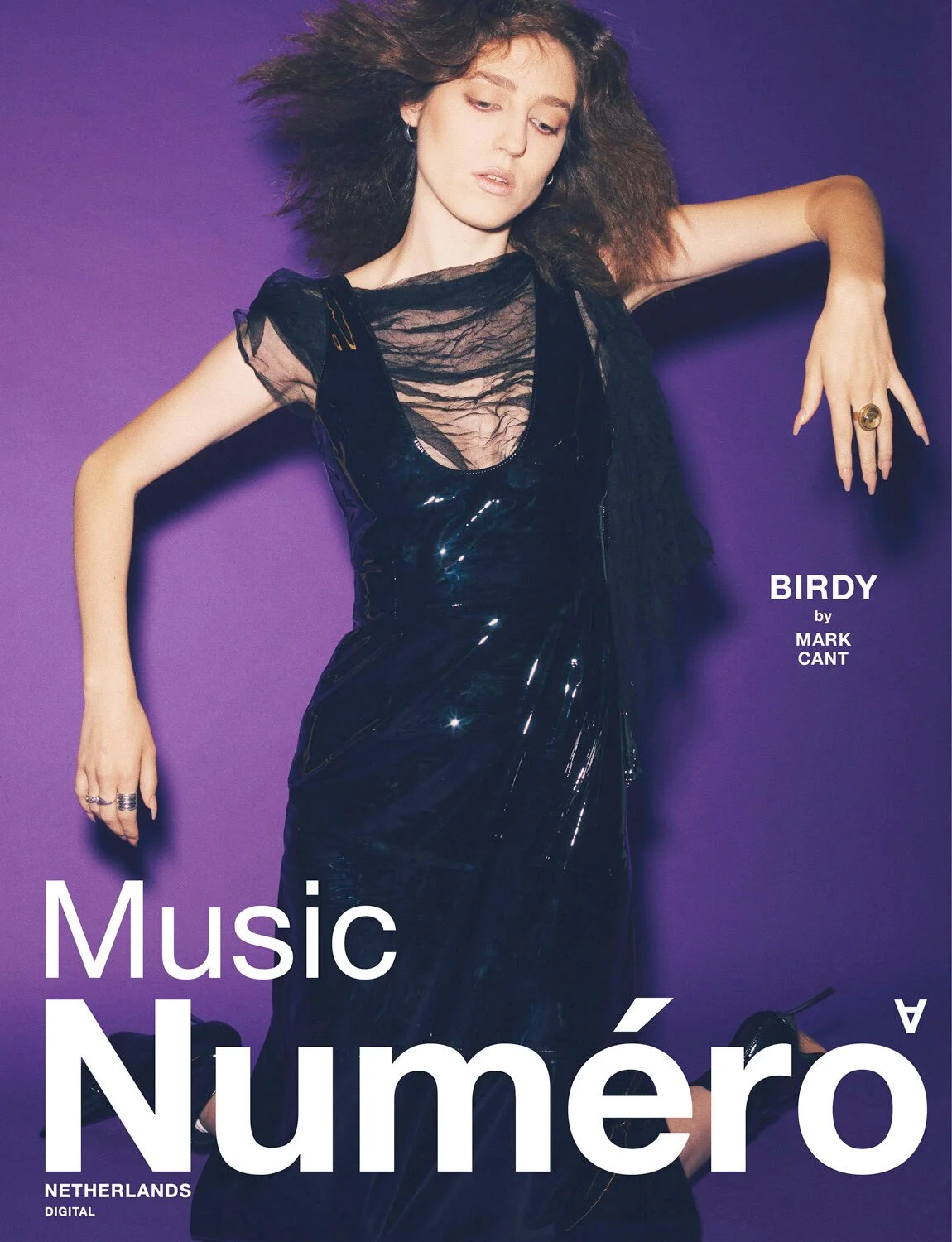 A woman with voluminous, tousled hair wearing a black, shiny, sleeveless dress layered over a sheer black top with ruffled details, posing against a purple background, with text indicating her name is Birdy, the album covers music from the Netherland