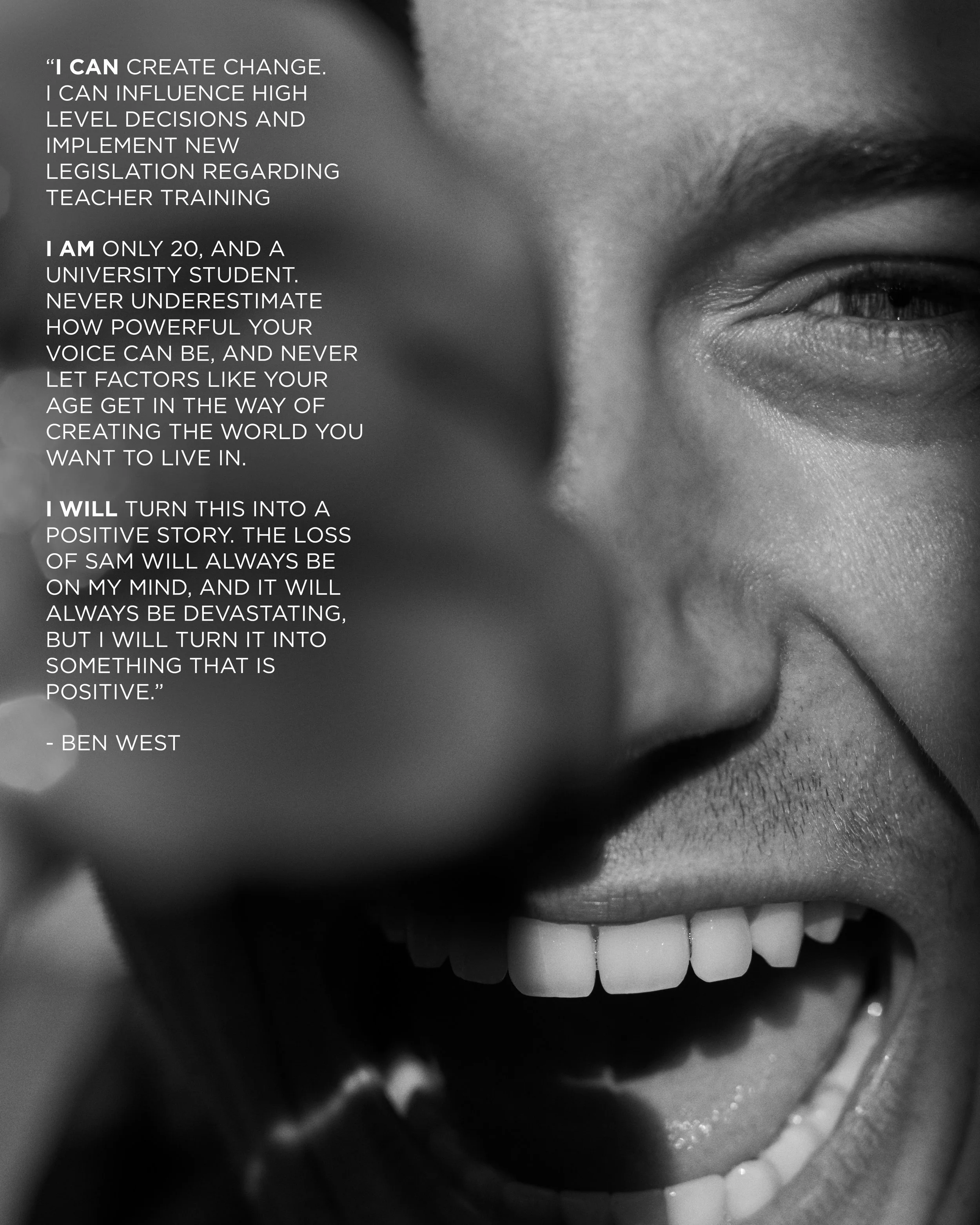 A black-and-white close-up photograph of a smiling person with visible teeth, with a quote overlaid on the left side about creating change and positivity.