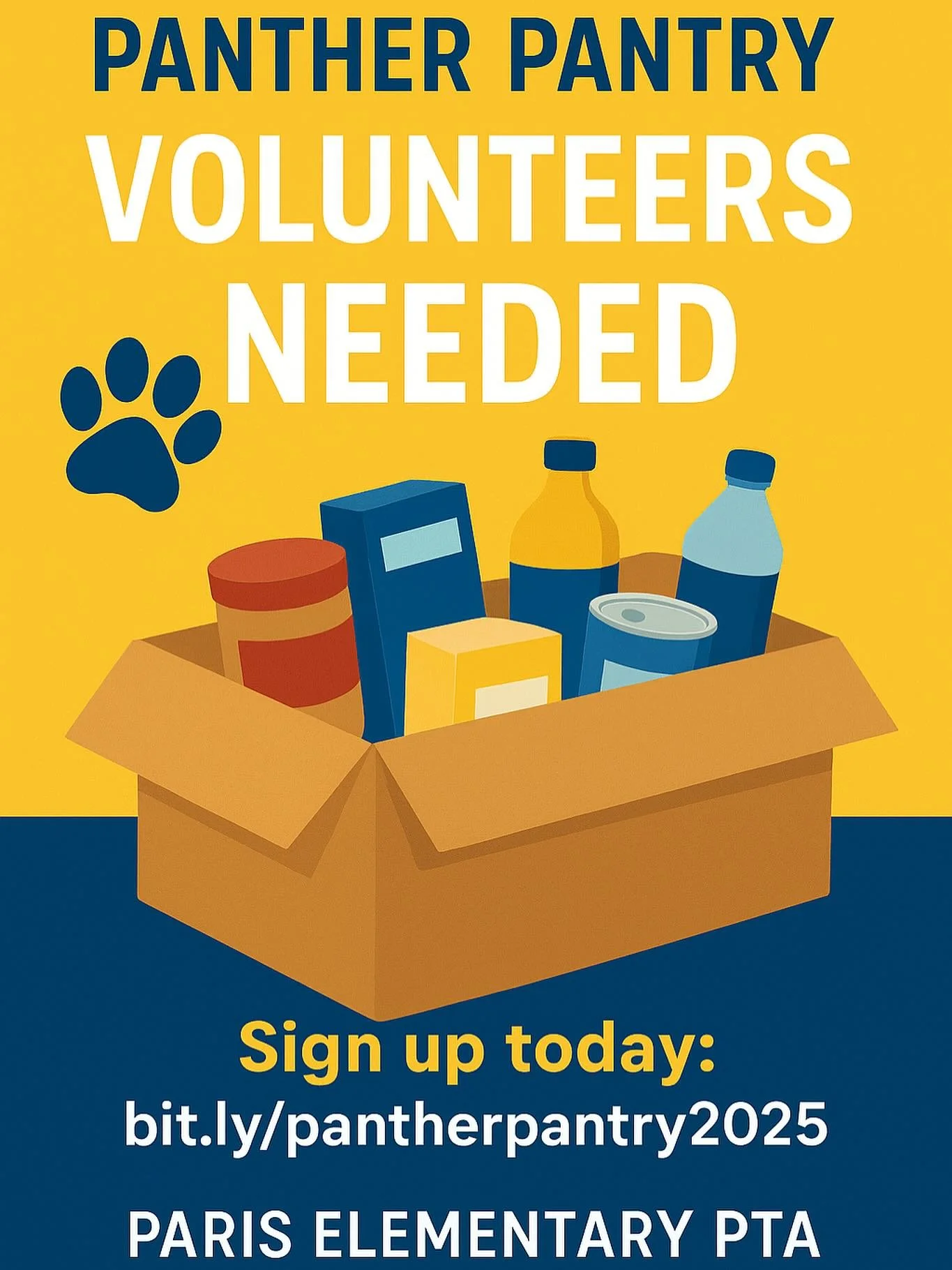 📦 Panther Pantry Volunteers Needed! 💙🐾

Our Panther Pantry is about to be overflowing with generosity &mdash; so we need helping hands to sort and organize donations! 🥫✨

📍 Where: Paris Elementary PTA room
🙌 What: Help sort our food drive items