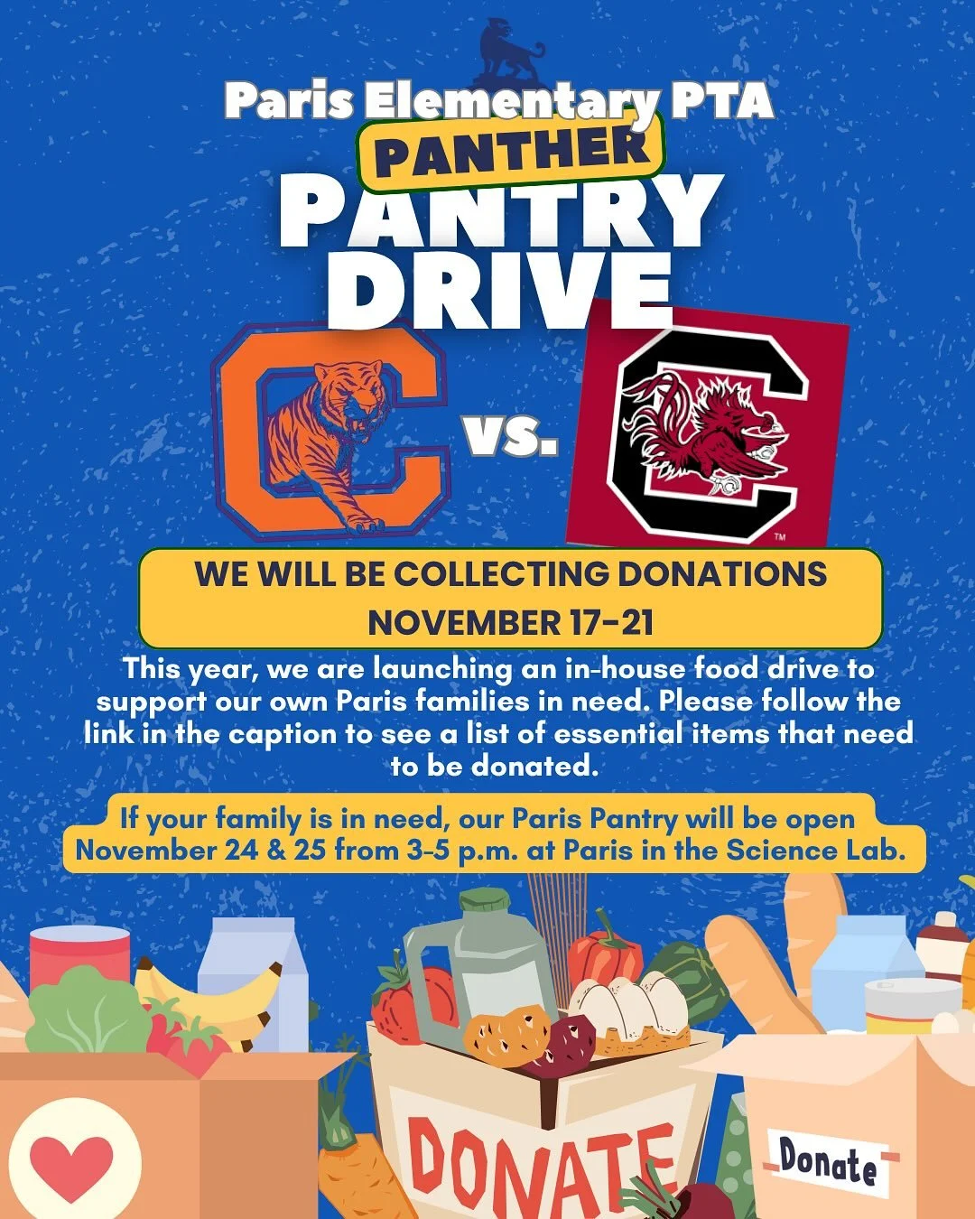 Join us this week to help fill our Panther Pantry, in turn helping our own Paris families in need. 
🤍Drop off to the school this week and we will see if Clemson or Carolina wins at the end of the week! 
🛒Families in need can come shop 3-5pm on Nove