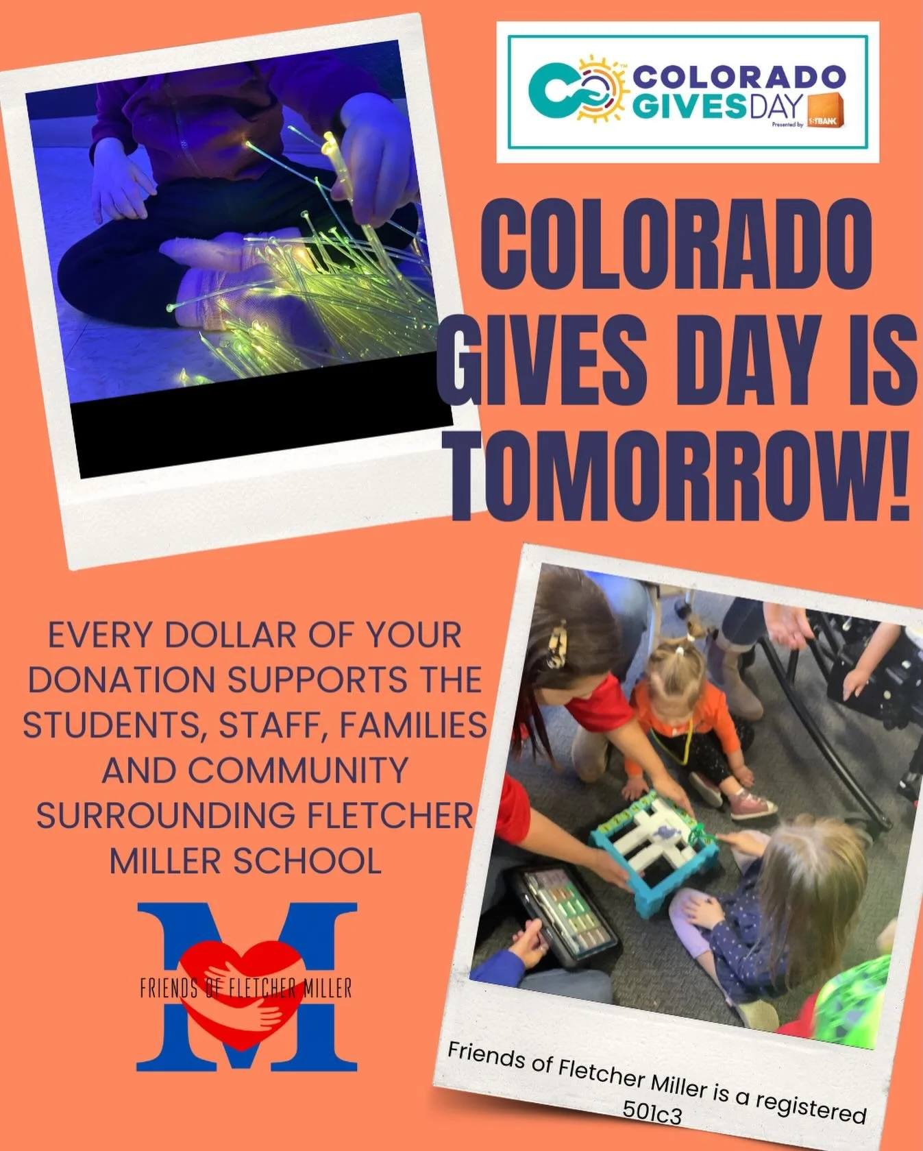 Colorado Gives Day is tomorrow!! We are so grateful for any and all support to help the students, families, staff and community that support Fletcher Miller School! Donate at the link in our bio 💕