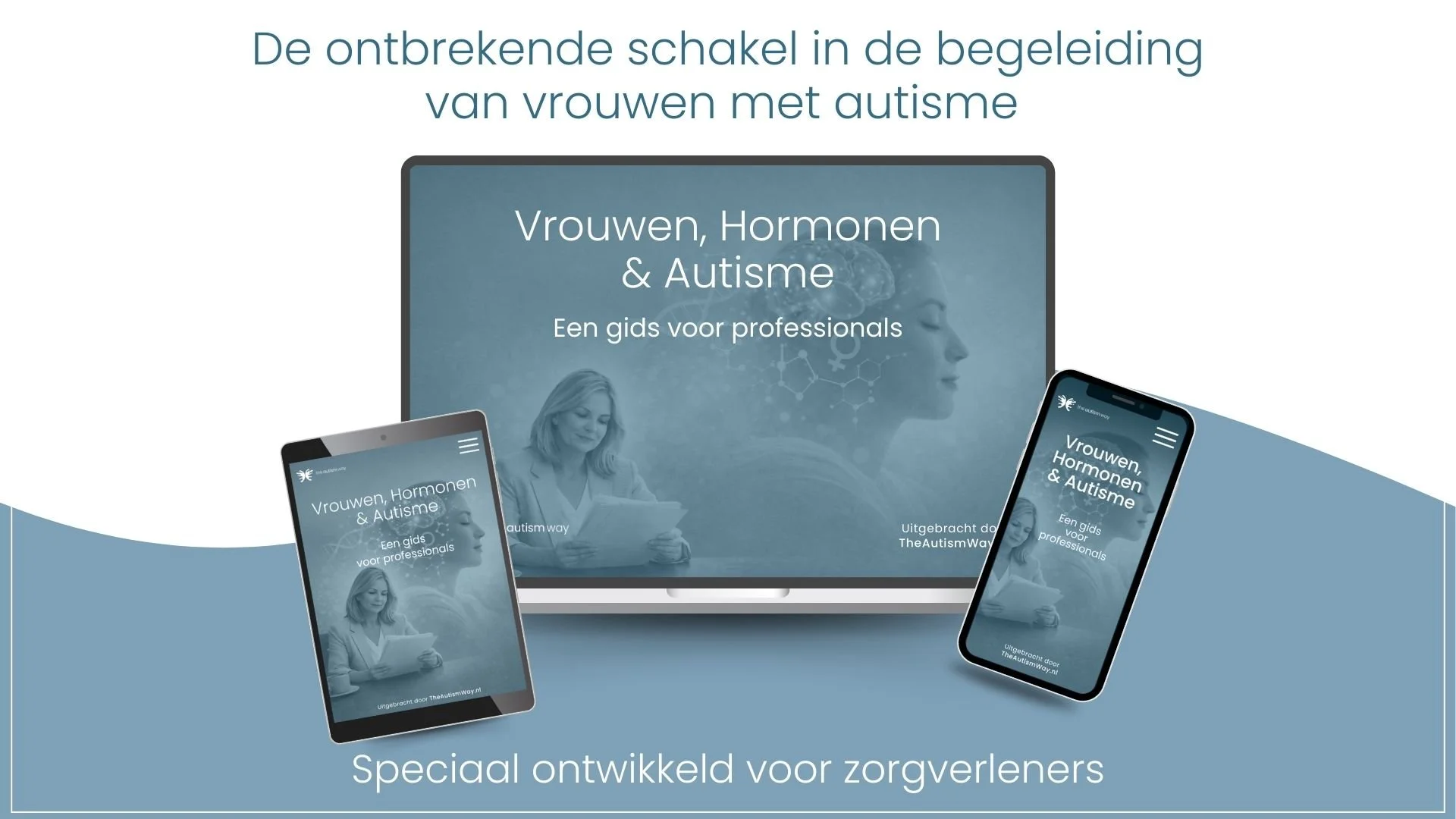 Diagramma van een gids voor professionals over vrouwen, hormonen en autisme, getoond op een laptop en twee smartphones, met een blauwe achtergrond en tekst in het Nederlands.