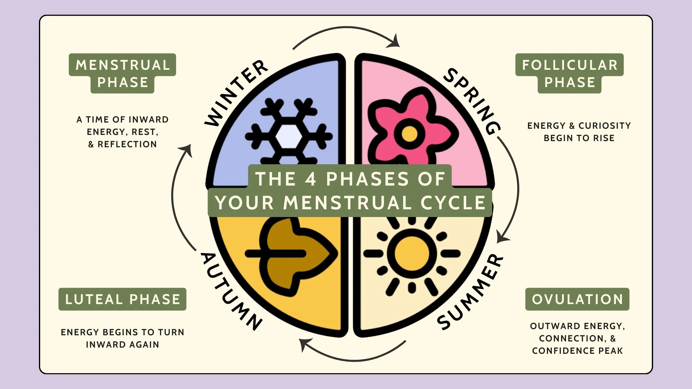 Diagram of the four phases of the menstrual cycle shown as seasons, illustrating changes in energy across menstrual, follicular, ovulation, and luteal phases.