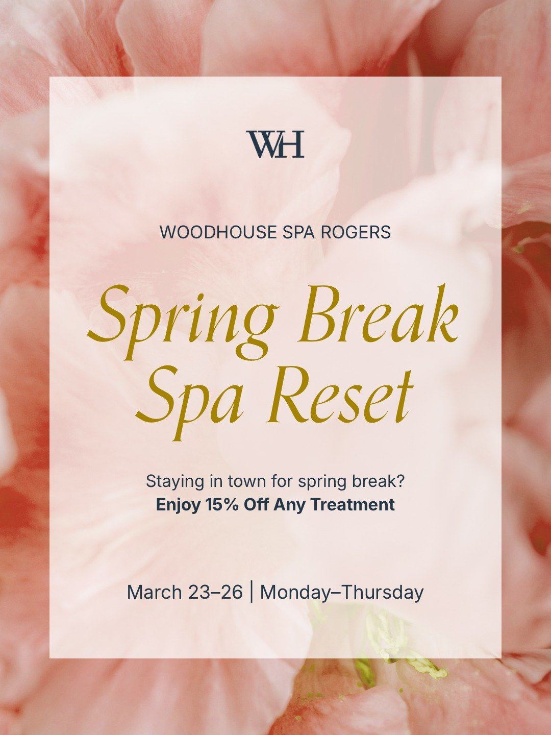 Spring Break calls for a little spa reset ✨
Enjoy 15% off any treatment at Woodhouse Spa Rogers when you book March 23&ndash;26.
ㅤ
Simply mention SPRING BREAK 15 when calling to reserve your experience.
ㅤ
📞 (479) 335-2800
Must call to book.
ㅤ
#woodh
