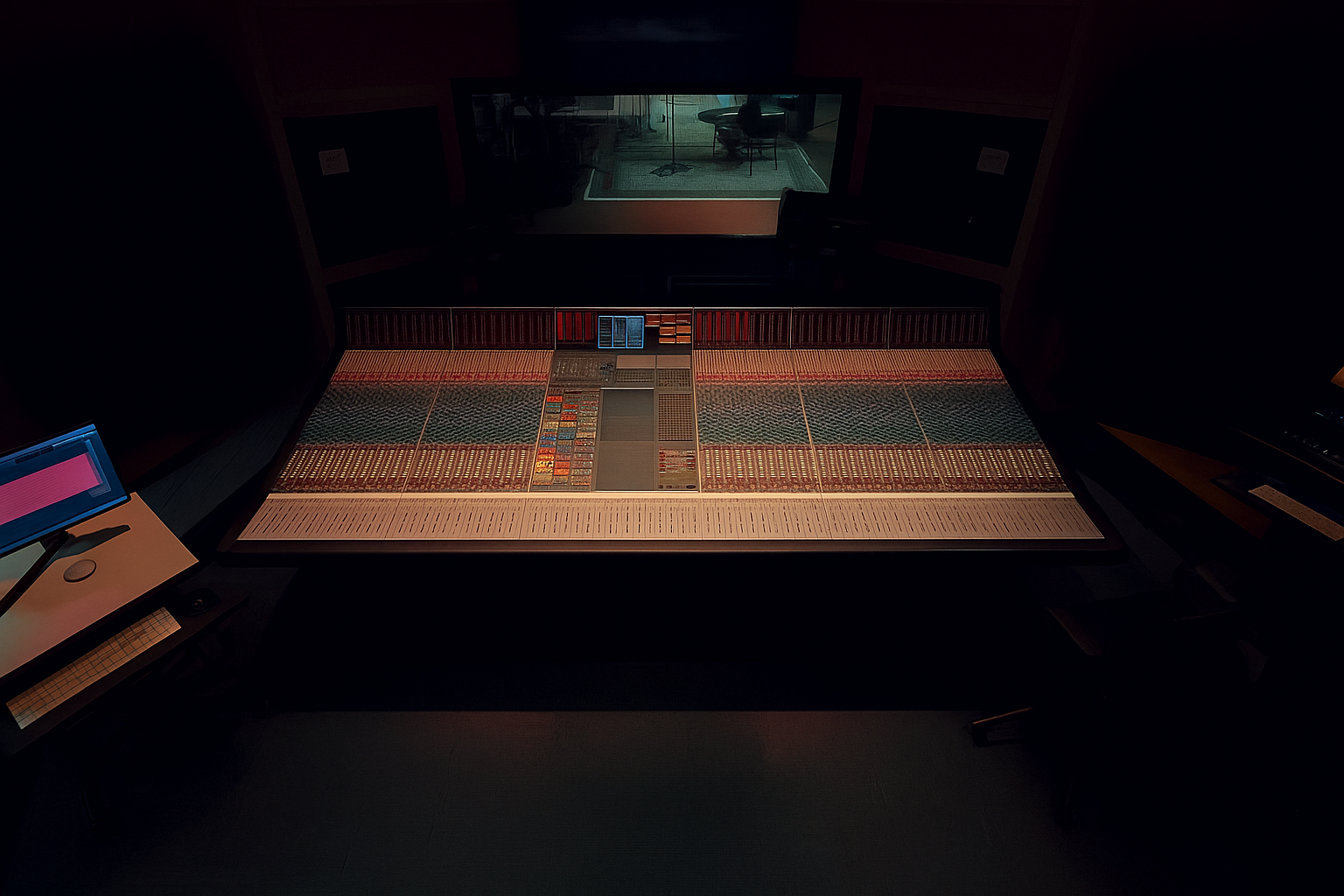 Photo of a music mixing console with various knobs, sliders, and buttons, viewed from above in a recording studio with a glass window showing a person working at a desk on the other side.