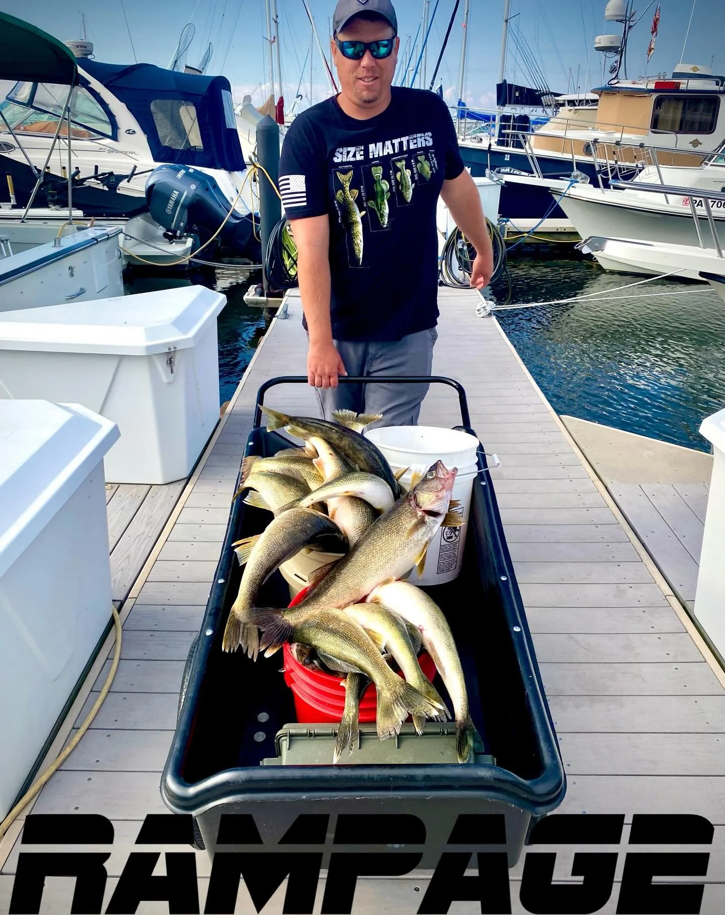His shirt says &ldquo;Size Matters.&rdquo;
We just made sure the fish understood the assignment 🎣😄

Another charter, another wagon full of trophy walleye. If you&rsquo;re ready for a fishing trip where the stories (and the fish) come home big, we&r