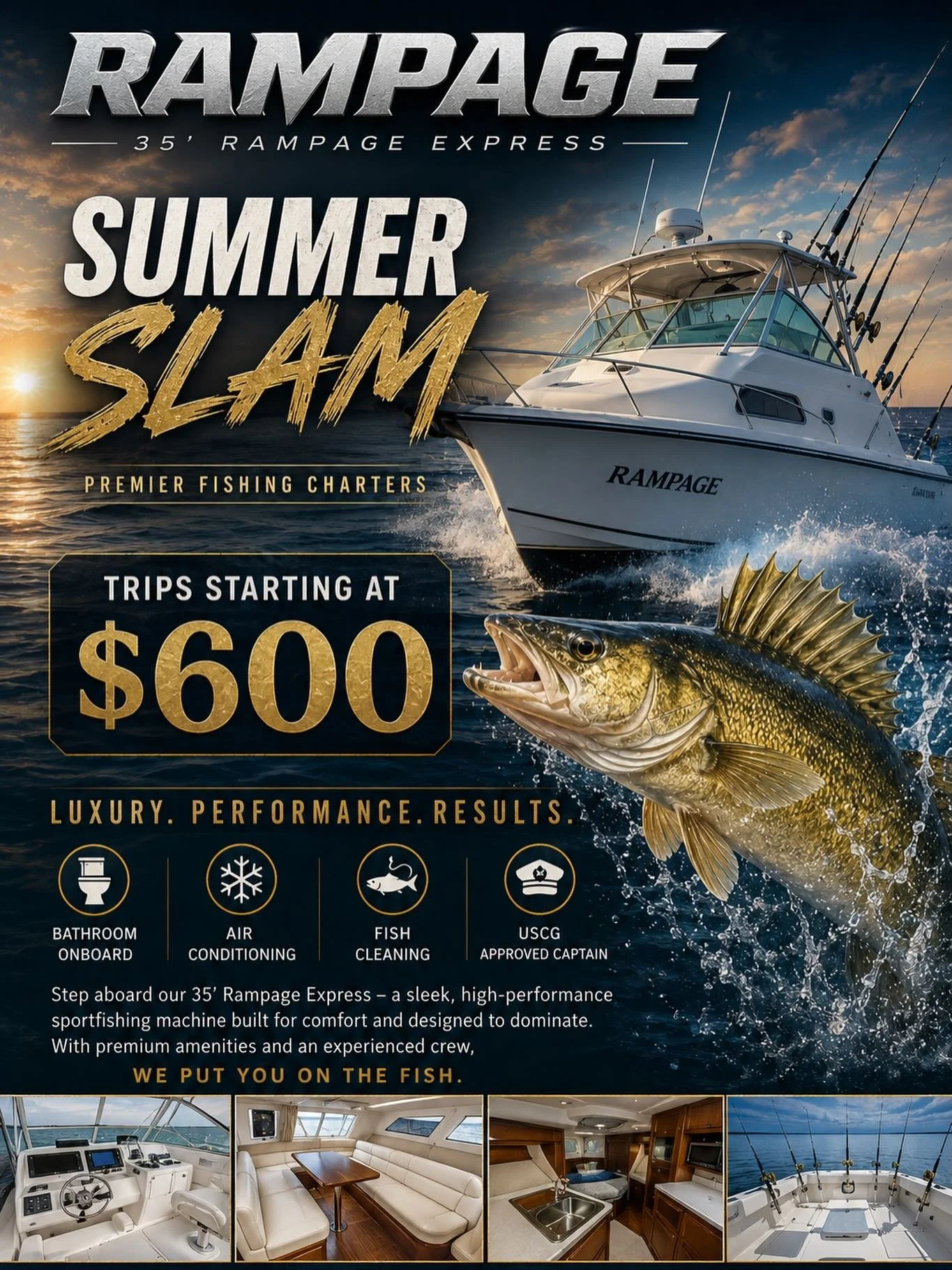 🎣 SUMMER SLAM is ON aboard the 35&rsquo; Rampage

Chase trophy walleye in comfort and style with a luxury sport fishing experience built for serious anglers and unforgettable days on the water.

✅ Trips starting at $600
✅ Bathroom onboard
✅ Air cond