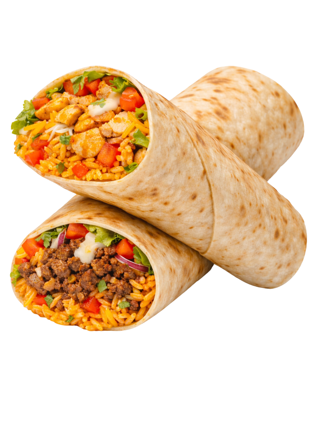 Two burritos filled with rice, vegetables, and meat, wrapped in flour tortillas.