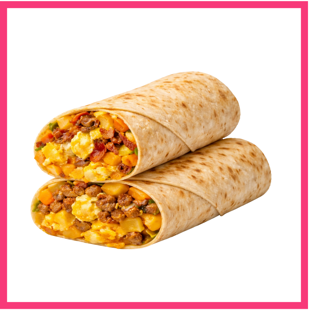 Two burritos filled with seasoned ground beef, scrambled eggs, potatoes, cheese, and vegetables on a pink background.