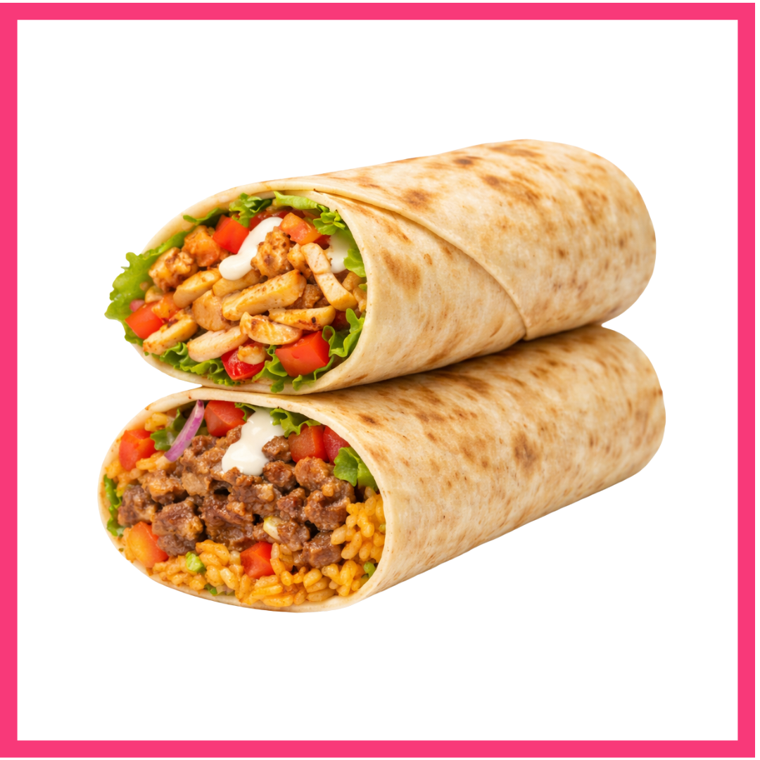 Two burritos filled with seasoned ground beef, rice, lettuce, tomatoes, and sauce on pink background.